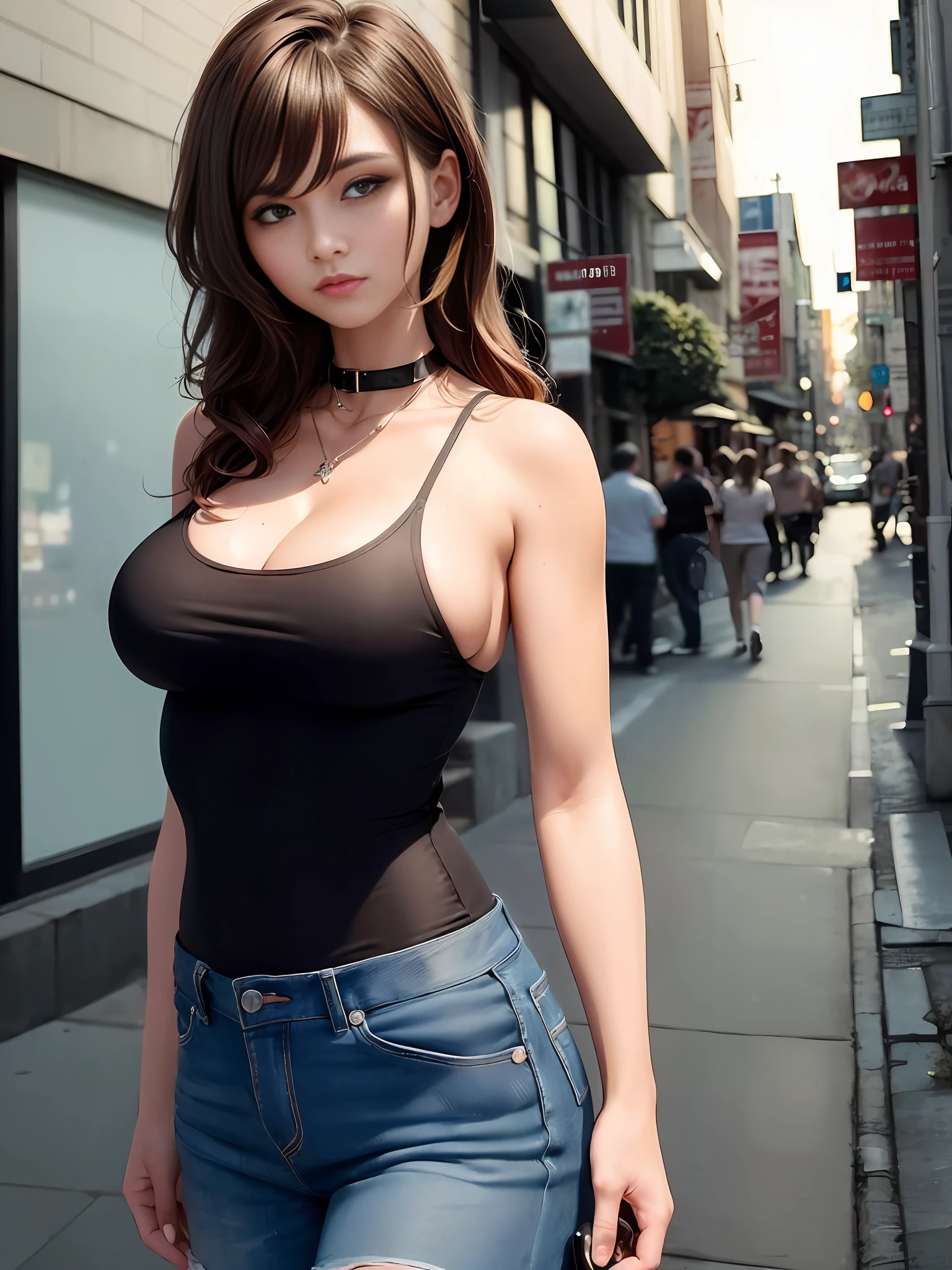 ((Tremendously big breasts))), ((Tomboy, small head)), Sunlight, Nikko, (Chiseled abs: 1.1), (Perfect body: 1.1), (Short wavy hair: 1.2), Reddish brown hair, collar, chain, full body shot, crowded street, black tank top, jeans jacket, (Shorts)), (CG 8k wallpaper, very detailed and beautiful), (Masterpiece), (Best Quality: 1.0), (Ultra High Definition: 1.0), Beautiful Lighting, Perfect Lightning, Realistic Shadows, [High Definition], Detailed Skin, Ultra Detail