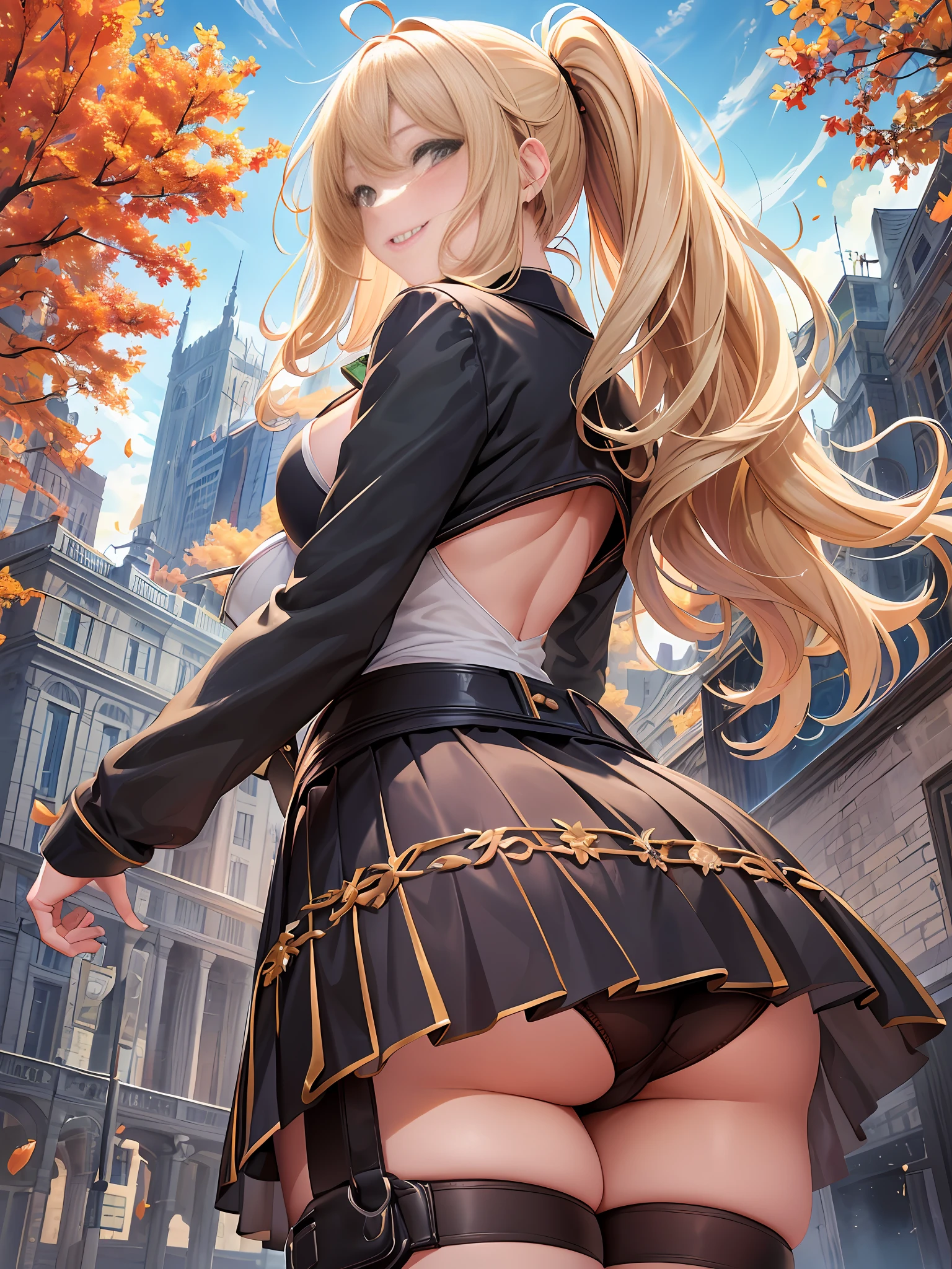 Masterpiece, Best Quality, Official Art, (Highly Detailed CG Unity 8k wallpaper), Detailed background, (Hands by Guido Daniele: 1.1), Feet out of frame, First Person View, 1, Attractive and Perfect Beautiful Woman, Schoolgirl, JK, Schoolgirl Uniform, Autumn, Autumn Leaves, Wind Blowing, (((Show Ass, Protrude Ass, Flipping Skirt, Panties Visible))), 4 fingers and 1 thumb optimal proportions of the book, (curvaceous), (white thighs: 1.12), (blonde long hair: 1.12), (ahoge: 1.13), (high ponytail: 1.12), (green eyes: 1.13), looking at the viewer, big, (cleavage), beautiful face, (blush: 1.11), (smile: 1.11)