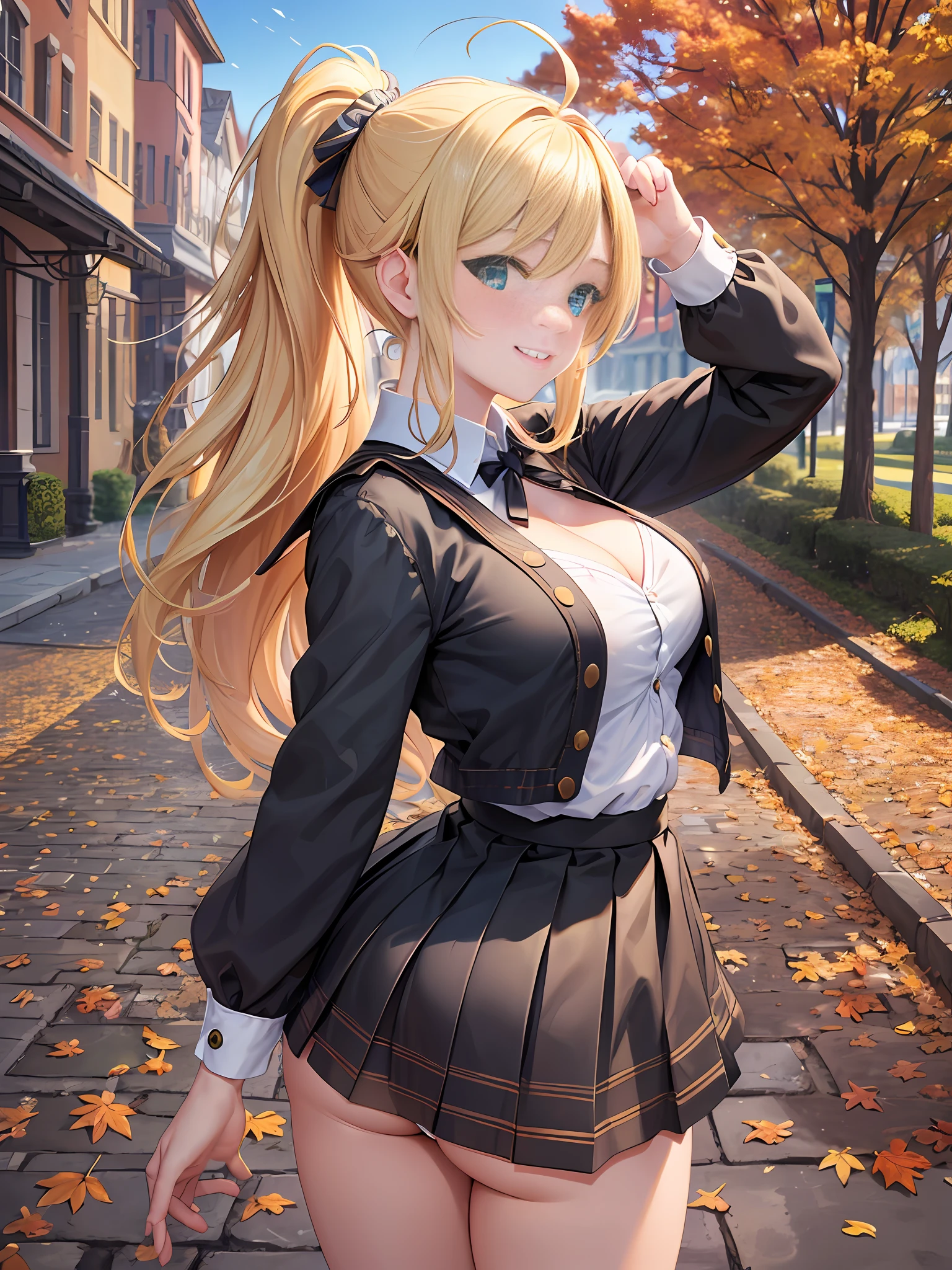Masterpiece, Best Quality, Official Art, (Highly Detailed CG Unity 8k wallpaper), Detailed background, (Hands by Guido Daniele: 1.1), Feet out of frame, First Person View, 1, Attractive and Perfect Beautiful Woman, Schoolgirl, JK, Schoolgirl Uniform, Autumn, Autumn Leaves, Wind Blowing, (((Show Ass, Protrude Ass, Flipping Skirt, Panties Visible))), 4 fingers and 1 thumb optimal proportions of the book, (curvaceous), (white thighs: 1.12), (blonde long hair: 1.12), (ahoge: 1.13), (high ponytail: 1.12), (green eyes: 1.13), looking at the viewer, big, (cleavage), beautiful face, (blush: 1.11), (smile: 1.11)