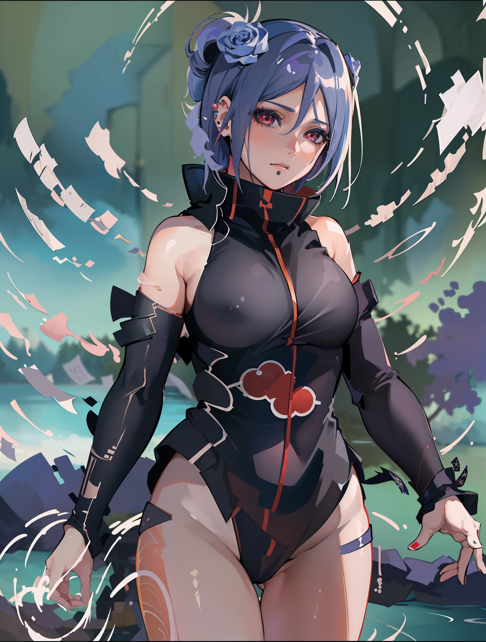 absurdres, (best quality), (masterpiece), (ultra-detailed: 1.2), (photorealistic: 1.1), (highres), 1girl, konan \(naruto\), (akatsuki outfit:1.1), piercing labret, (paper:1.2), ripples, twirling,