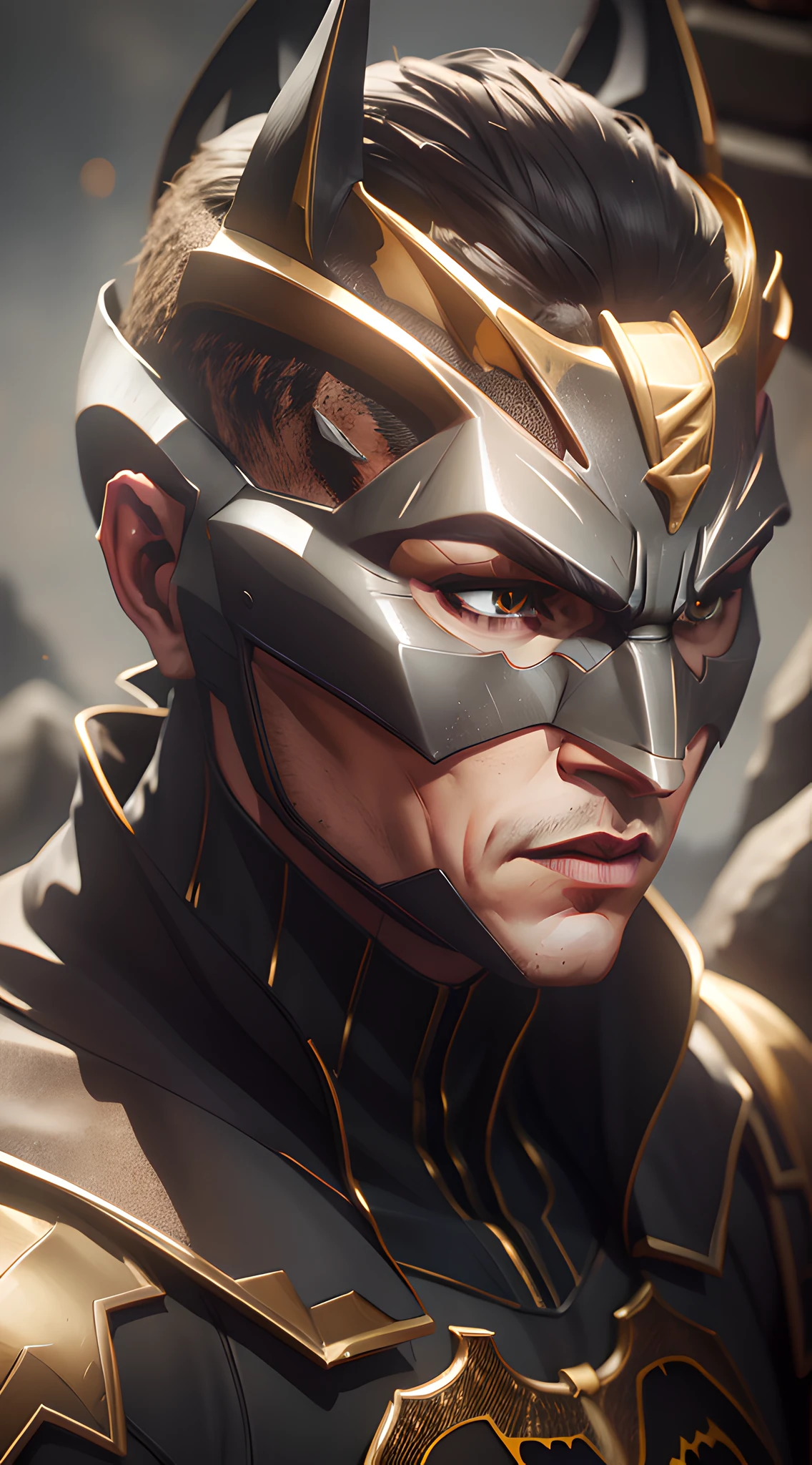 realistic portrait of batman with mask on, ((standing on stone wall)), wearing golden batman armor, background dark lighting, close-up, detailed facial details, perfect face, sharpness, trend art, sharp facial details, ultra high quality, bokeh, UHD, ray tracing,