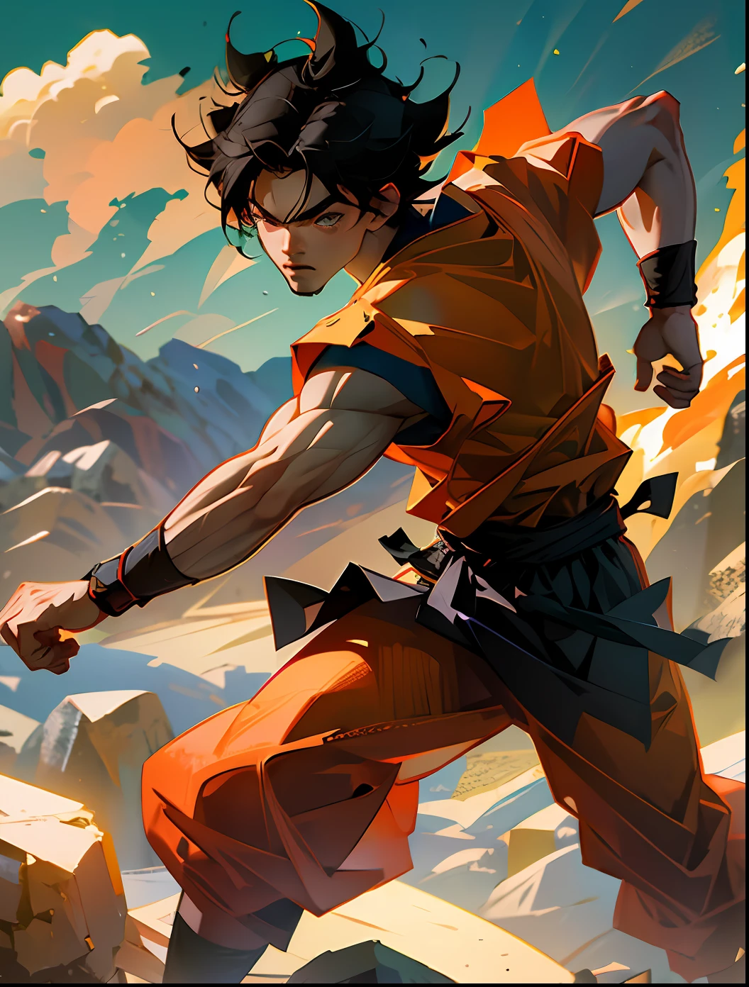 Son Goku fighting, super realistic photo in a desert, 4k, behance, with ninja clothes in a desert --auto --s2