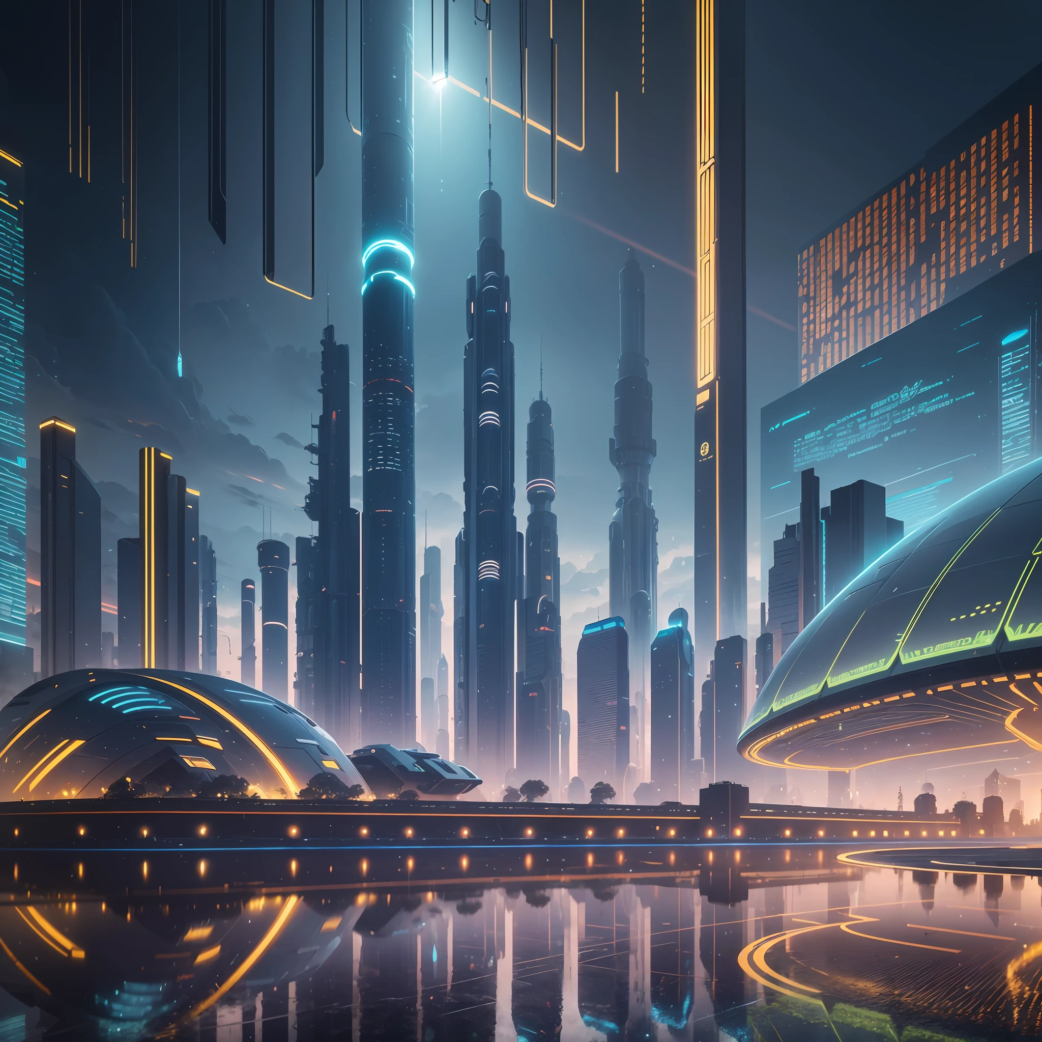Create an image of  a futuristic world with ultra-technologic elements and over-developed citizens living 1000 years from now, in an ultra realistic landscape, with vibrant colors, 4k, cinematic lighting, natural lighting, vibrant multicoloured lighting, film grain, cinematic lighting, high detail, photoreal, photorealistic, volumetric lighting and shading --auto --s2