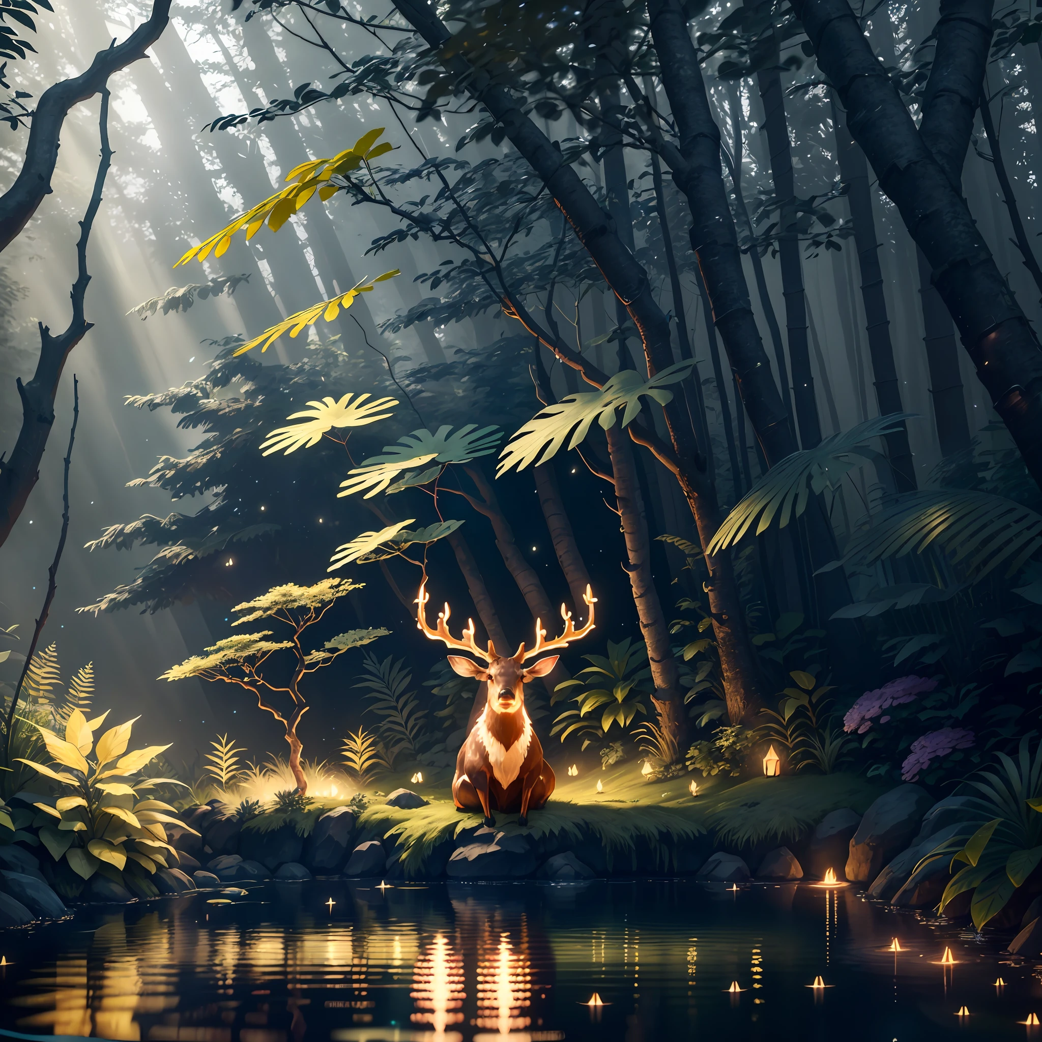 3D Render,realistic style,low poly style game design ,glow sprite, with a glowing deer, in a pool Drinking water, natural elements in the forest theme. Mysterious forest, beautiful forest, nature, surrounded by flowers, delicate leaves and branches surrounded by fireflies (natural elements), (jungle theme), (leaves), (twigs), (fireflies), (particle effects),Vray rendering,Art station, High quality, ultra-high definition details,concept design,cinematic light, very high definition, high details, 8k, hyper realistic, high detail,global illumination,realistic lighting,Unreal Engine rendering,Substance 3D, Octane rendering,