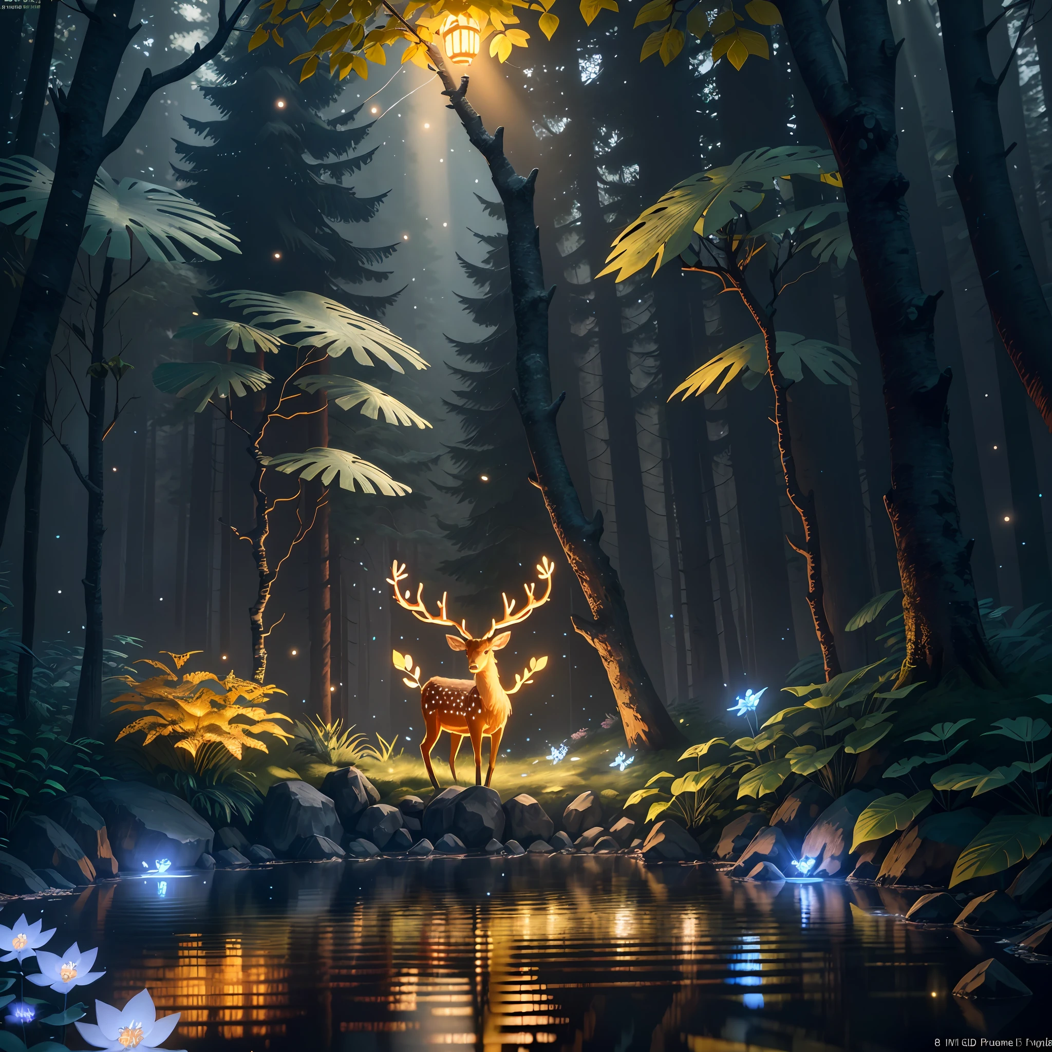 3D Render,realistic style,low poly style game design ,glow sprite, with a glowing deer, in a pool Drinking water, natural elements in the forest theme. Mysterious forest, beautiful forest, nature, surrounded by flowers, delicate leaves and branches surrounded by fireflies (natural elements), (jungle theme), (leaves), (twigs), (fireflies), (particle effects),Vray rendering,Art station, High quality, ultra-high definition details,concept design,cinematic light, very high definition, high details, 8k, hyper realistic, high detail,global illumination,realistic lighting,Unreal Engine rendering,Substance 3D, Octane rendering,