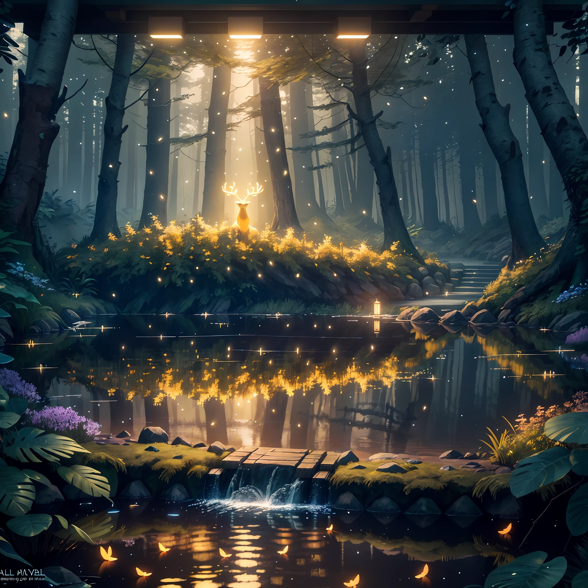 3D Render,realistic style,low poly style game design ,glow sprite, with a glowing deer, in a pool Drinking water, natural elements in the forest theme. Mysterious forest, beautiful forest, nature, surrounded by flowers, delicate leaves and branches surrounded by fireflies (natural elements), (jungle theme), (leaves), (twigs), (fireflies), (particle effects),Vray rendering,Art station, High quality, ultra-high definition details,concept design,cinematic light, very high definition, high details, 8k, hyper realistic, high detail,global illumination,realistic lighting,Unreal Engine rendering,Substance 3D, Octane rendering,