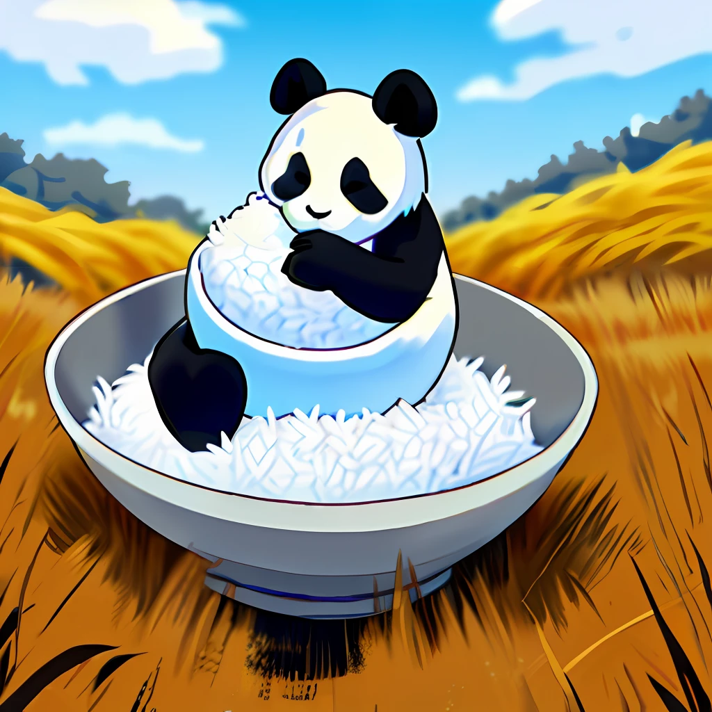 Epic painting (in a wheat field) (4k) (a black and white panda) (holding a bowl of rice)
