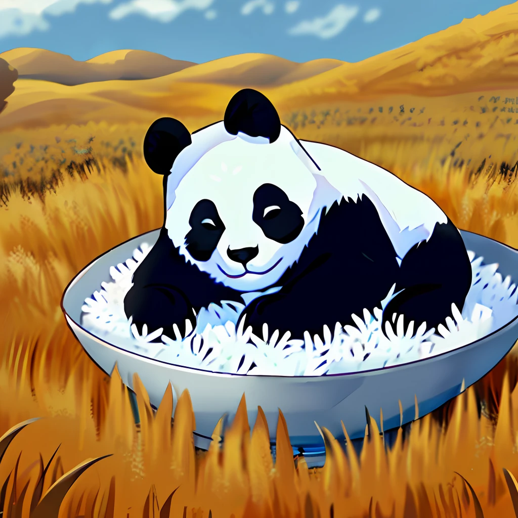 Epic painting (in a wheat field) (4k) (a black and white panda) (holding a bowl of rice)