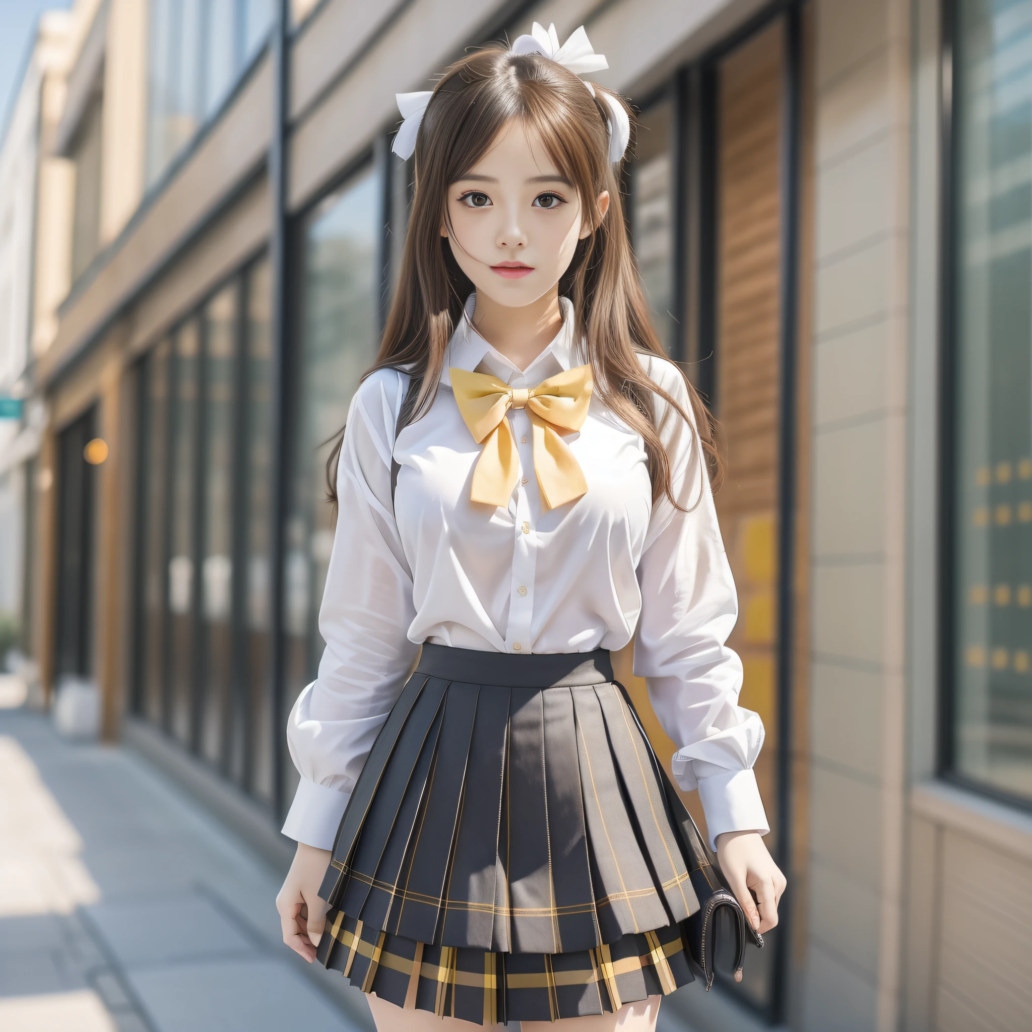 (8K, Best Quality, Masterpiece: 1.2), Realistic, Ultra High Resolution, Intricate Details, 1 Girl, Beautiful Face, JK Suit, White Shirt, Yellow Bow Tie, Yellow Skirt, Plaid Skirt, Pleated Skirt, Upper Body, Standing, Wide Angle Lens, Surreal Schoolgirl, Surreal Schoolgirl, Realistic Anime 3 D Style, Realistic Schoolgirl, Smooth Anime CG Art, 3 D Anime Realistic, Beautiful Anime High School Girls, Sakimichan HDRI, Fantastic school student uniform, realistic anime, realistic young anime girl (8K, best quality, masterpiece: 1.2), realistic, super high resolution, intricate details, 1 girl, beautiful face, JK suit, white shirt, upper body