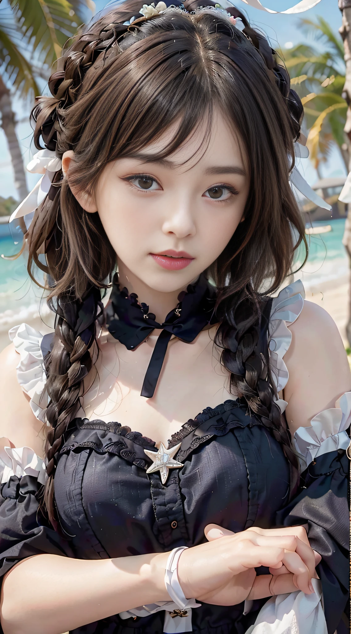 best quality, ultra hi res, photoreaslistic, a photography of a beautiful woman, 30yo teen age, detailed face, black Messy fishtail braid, (detailed porcelain doll,delicate clothes with a lot of frills and ribbons), Beach, (face close up), seductive look, looking at viewer