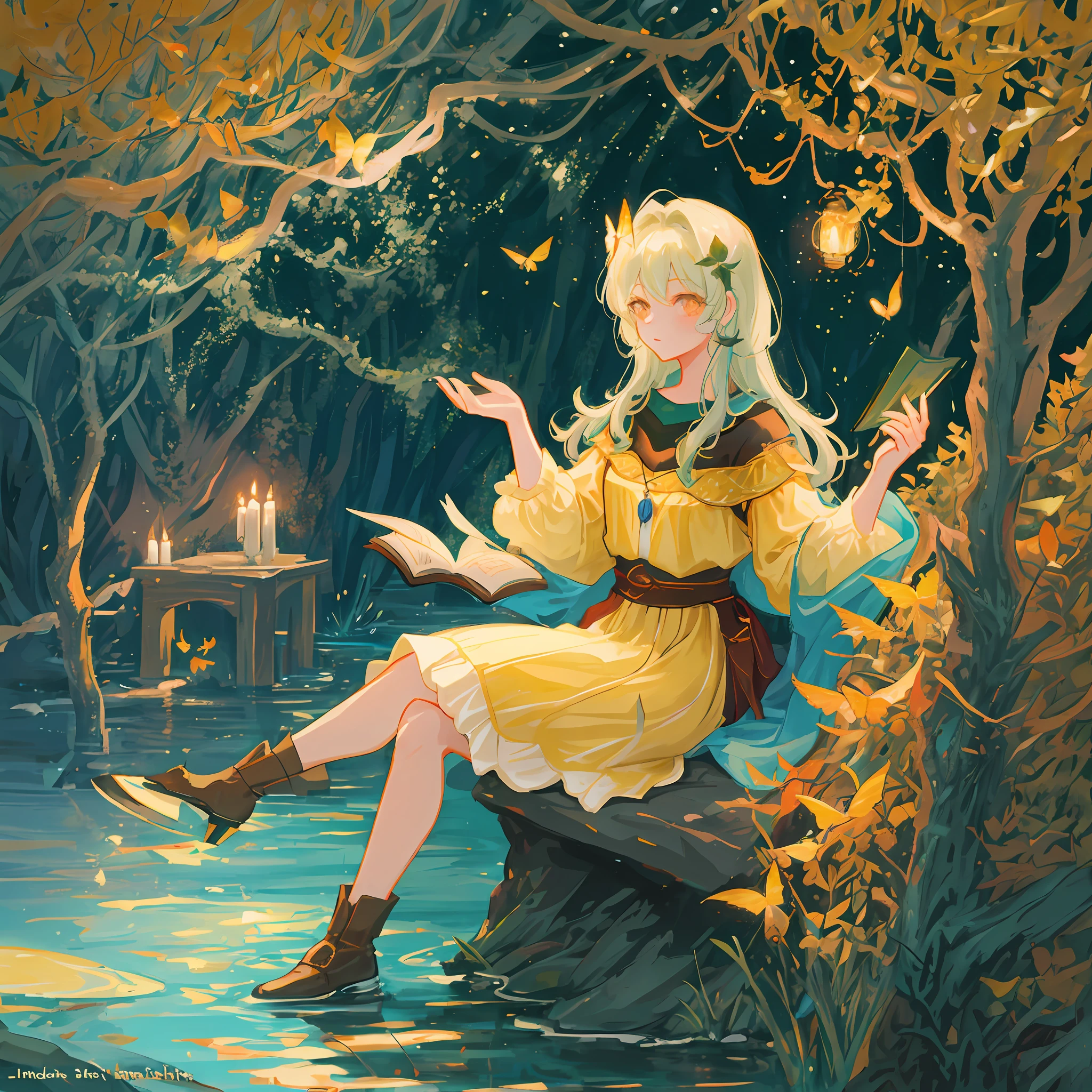 A beautiful young woman, in an afternoon river in enchanted forest, sitting on a stone reading a book of medieval cover, candles around, fireflies and butterflies