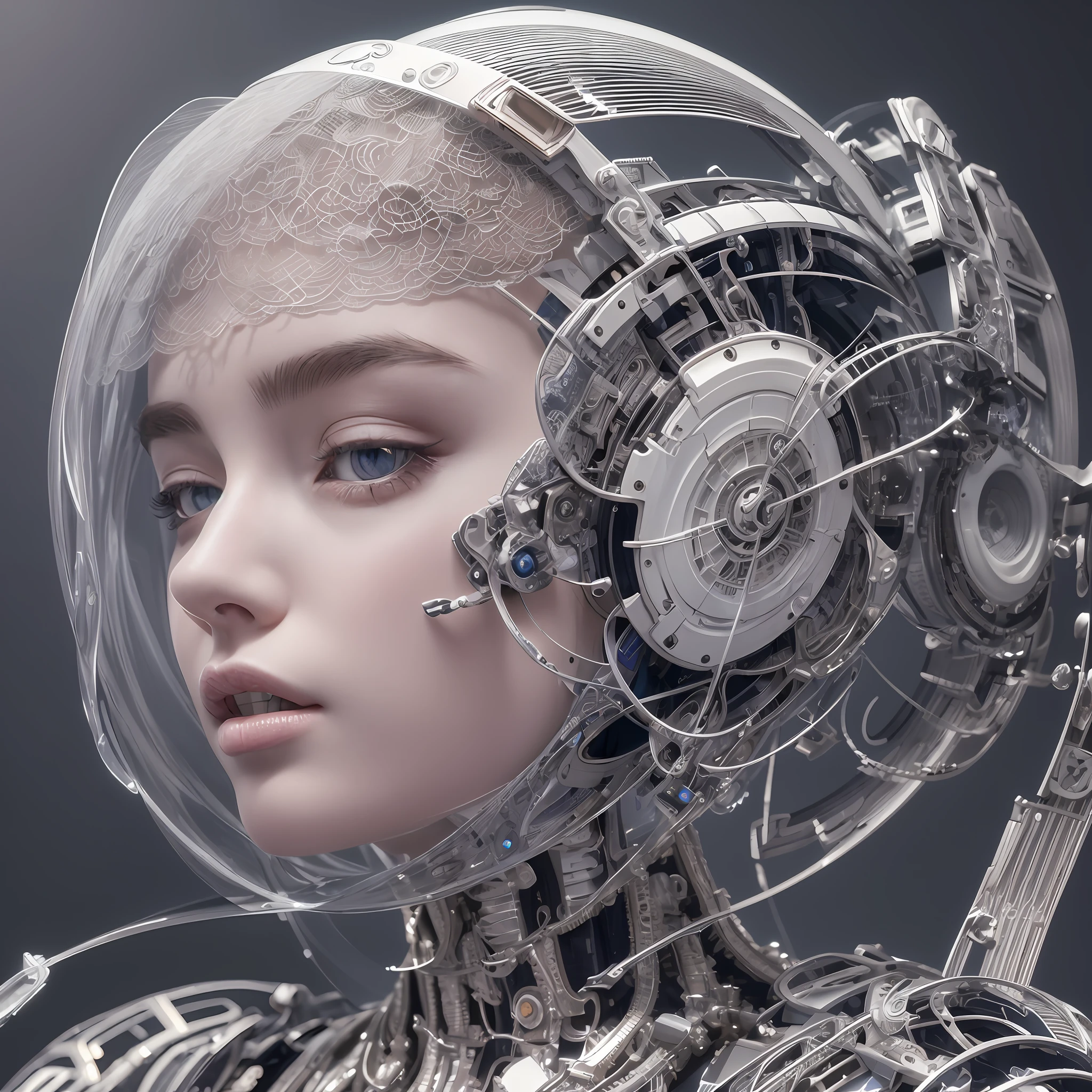complex 3d render ultra detailed of a beautiful porcelain profile woman android face, cyborg, robotic parts, 150 mm, beautiful studio soft light, rim light, vibrant details, luxurious cyberpunk, lace, hyperrealistic, anatomical, facial muscles, cable electric wires, microchip, elegant, beautiful background, octane render, H. R. Giger style, 8k, best quality, masterpiece, illustration, an extremely delicate and beautiful, extremely detailed ,CG ,unity ,wallpaper, (realistic, photo-realistic:1.37),Amazing, finely detail, masterpiece,best quality,official art, extremely detailed CG unity 8k wallpaper, absurdres, incredibly absurdres, robot, silver halmet, full body --auto --s2