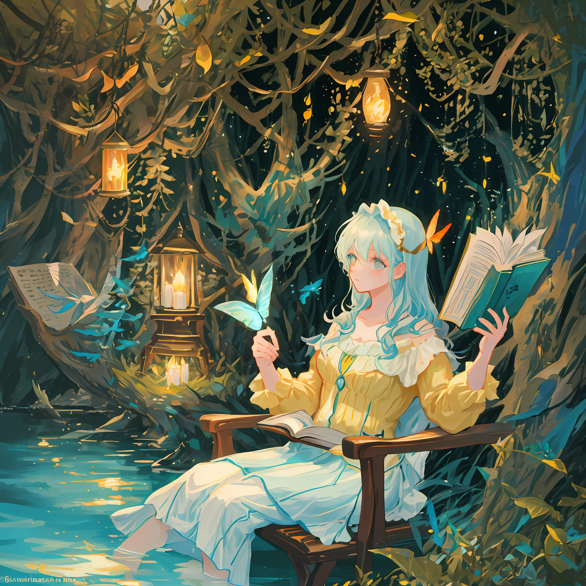 A beautiful young woman, in an afternoon river in enchanted forest, sitting on a stone reading a book of medieval cover, candles around, fireflies and butterflies