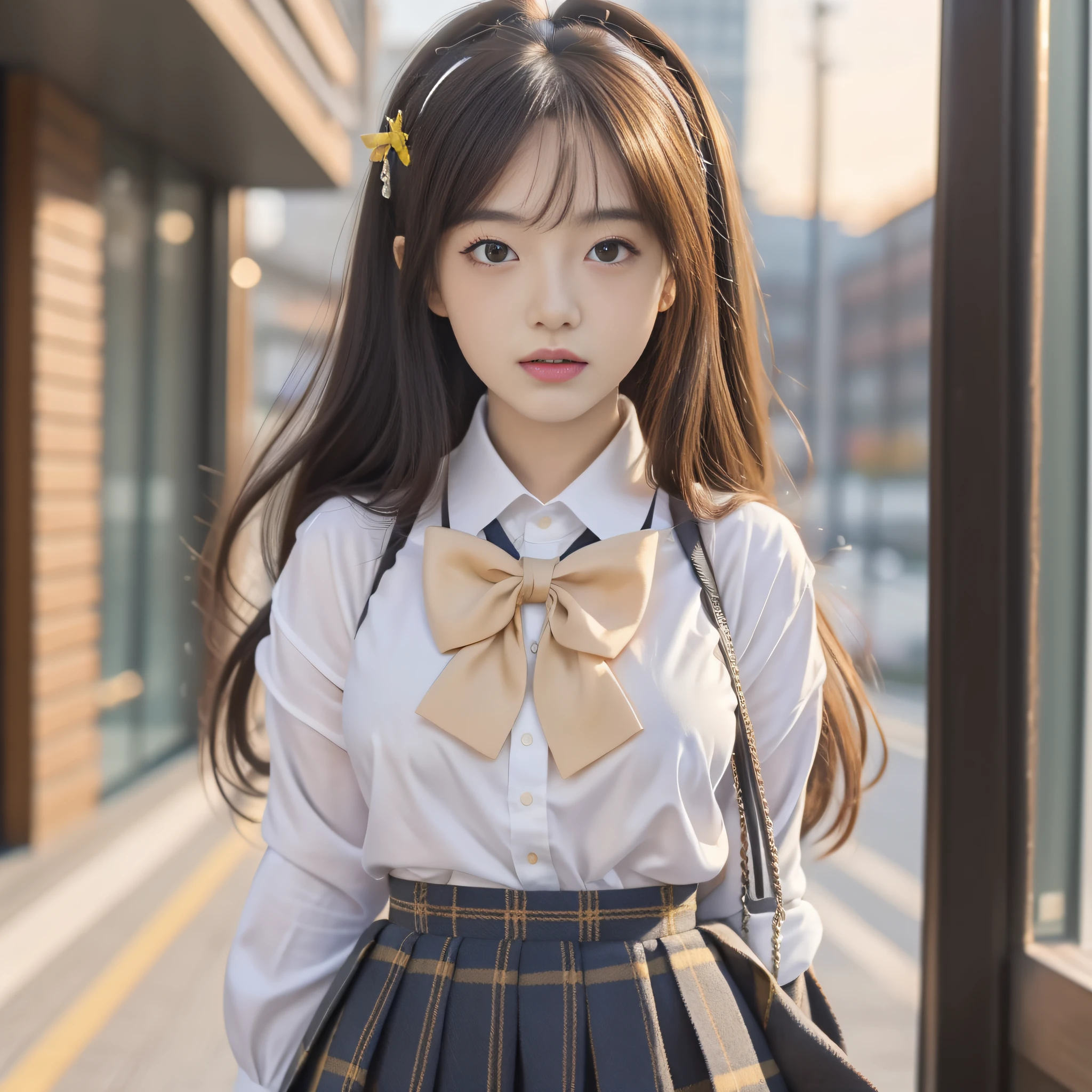 (8K, Best Quality, Masterpiece: 1.2), Realistic, Ultra High Resolution, Intricate Details, 1 Girl, Beautiful Face, JK Suit, White Shirt, Yellow Bow Tie, Yellow Skirt, Plaid Skirt, Pleated Skirt, Upper Body, Standing, Wide Angle Lens, Surreal Schoolgirl, Surreal Schoolgirl, Realistic Anime 3 D Style, Realistic Schoolgirl, Smooth Anime CG Art, 3 D Anime Realistic, Beautiful Anime High School Girls, Sakimichan HDRI, Fantastic school student uniform, realistic anime, realistic young anime girl (8K, best quality, masterpiece: 1.2), realistic, super high resolution, intricate details, 1 girl, beautiful face, JK suit, white shirt, upper body