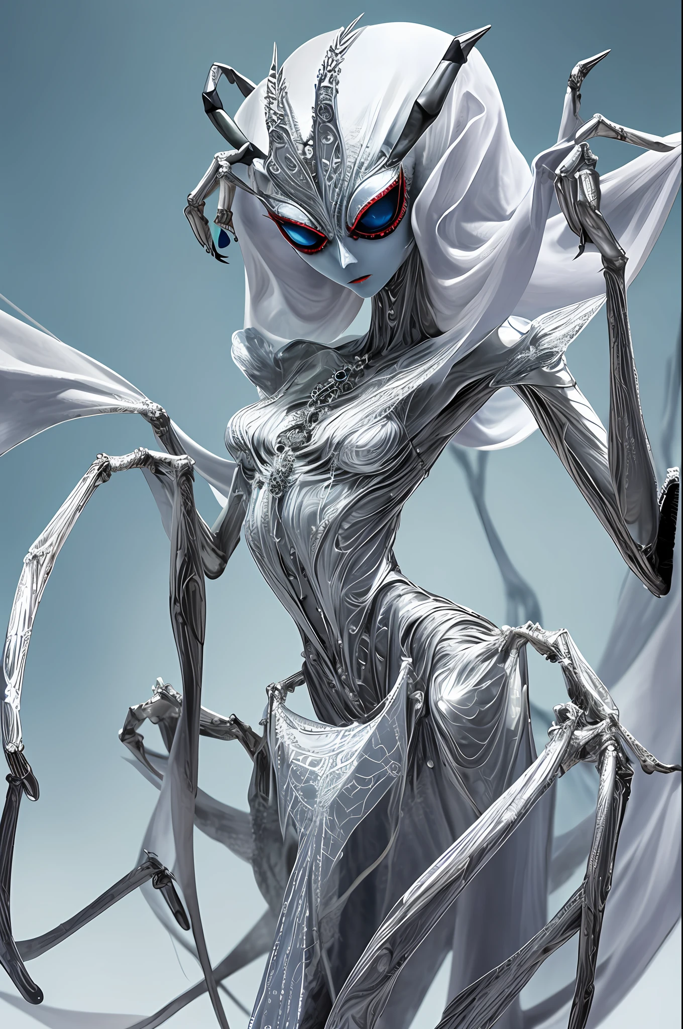 A silvery anthropomorphic spider with long legs and piercing eyes. Mysterious and wise, she keeps ancestral secrets and challenges the brave in search of knowledge.