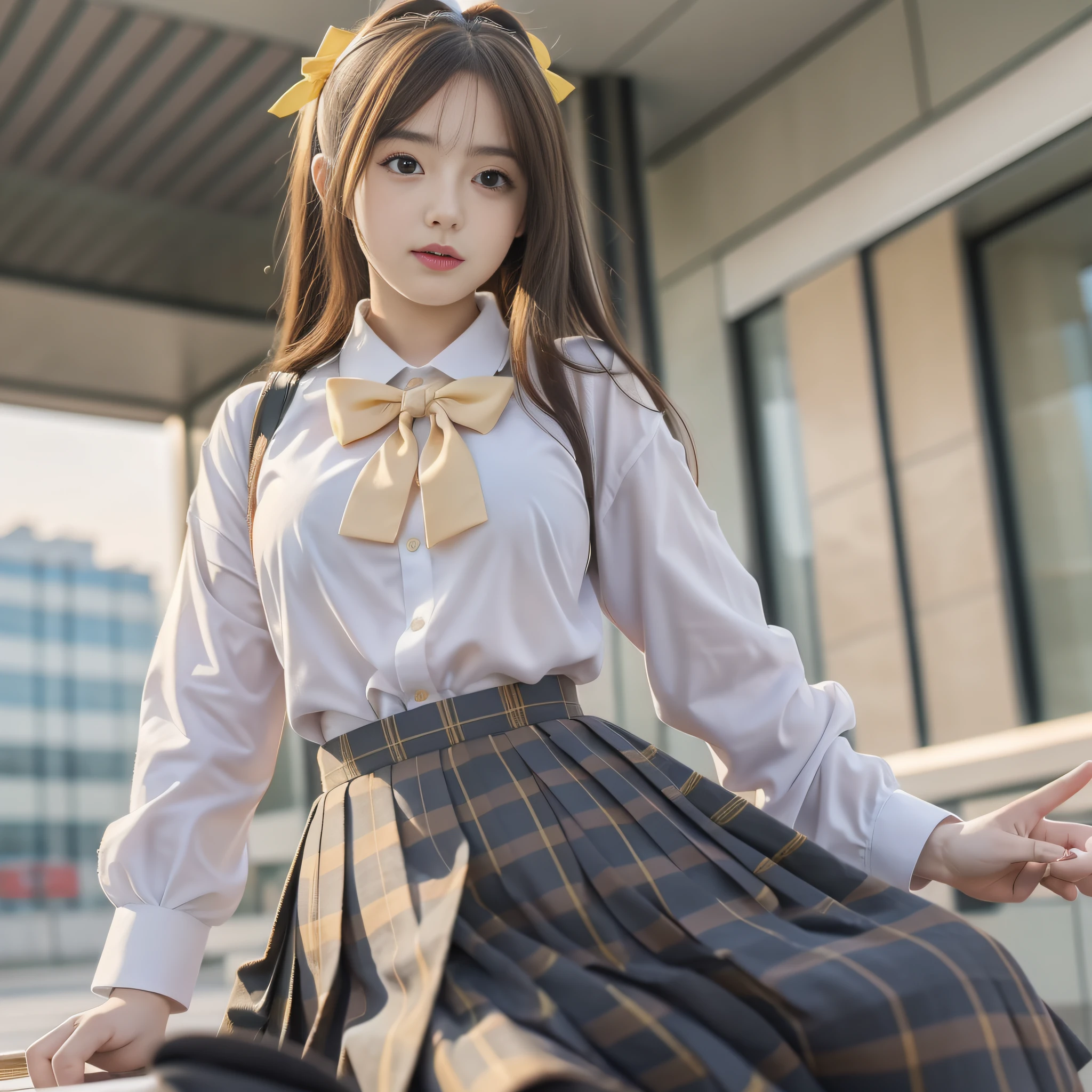 (8K, Best Quality, Masterpiece: 1.2), Realistic, Ultra High Resolution, Intricate Details, 1 Girl, Beautiful Face, JK Suit, White Shirt, Yellow Bow Tie, Yellow Skirt, Plaid Skirt, Pleated Skirt, Upper Body, Standing, Wide Angle Lens, Surreal Schoolgirl, Surreal Schoolgirl, Realistic Anime 3 D Style, Realistic Schoolgirl, Smooth Anime CG Art, 3 D Anime Realistic, Beautiful Anime High School Girls, Sakimichan HDRI, Fantastic school student uniform, realistic anime, realistic young anime girl (8K, best quality, masterpiece: 1.2), realistic, super high resolution, intricate details, 1 girl, beautiful face, JK suit, white shirt, upper body