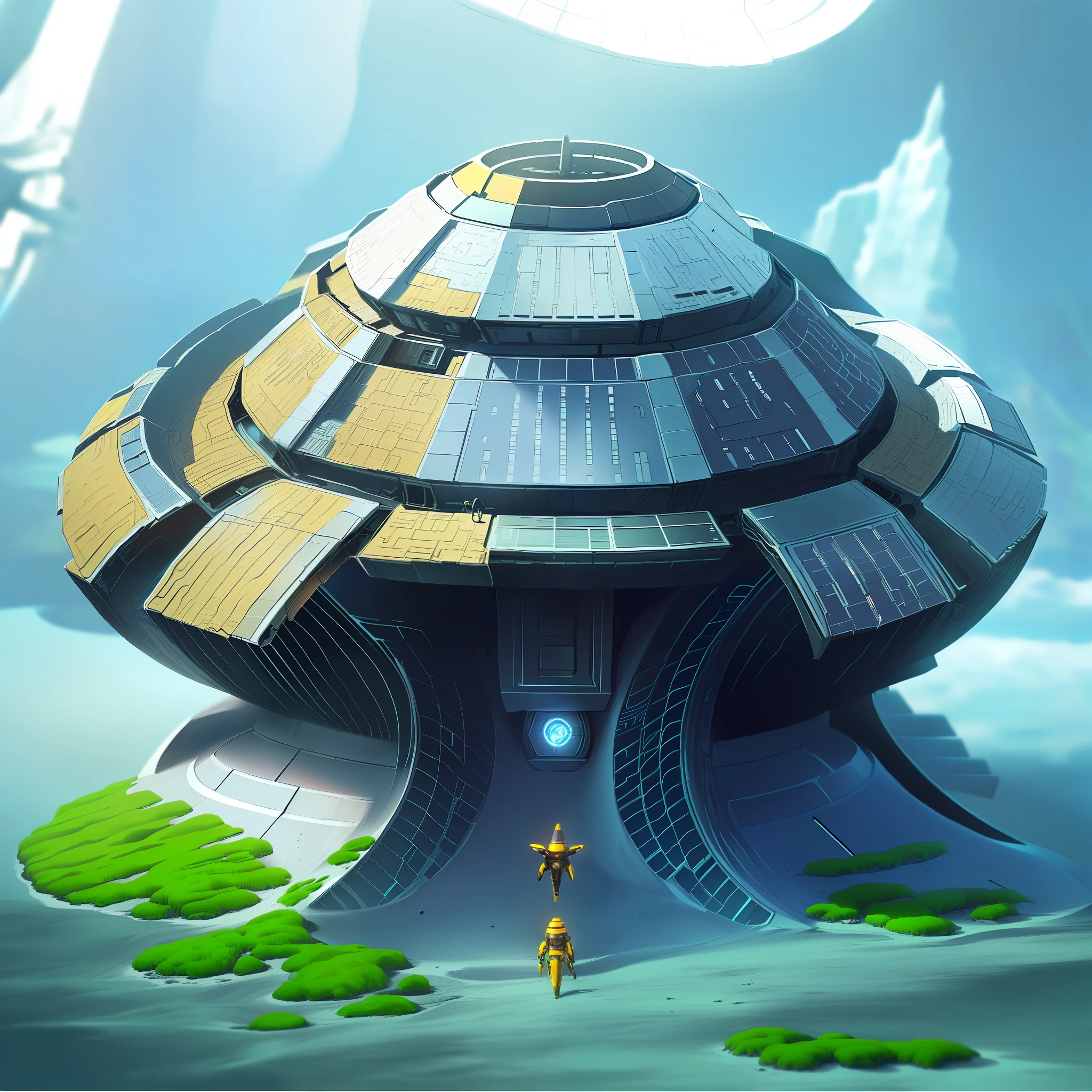 a small futuristic building with a crashed 3 alien ufo saucer roof , futuristic space port, futuristic base, hexagonal planetary space base, 3 d render of a scifi spaceport, futuristic outpost building, scifi base, spaceport, space port, cyberpunk space colony, futuristic orbital station!!!!, space port city, scifi setting, futuristic space station, futuristic setting, scifi space station 4k