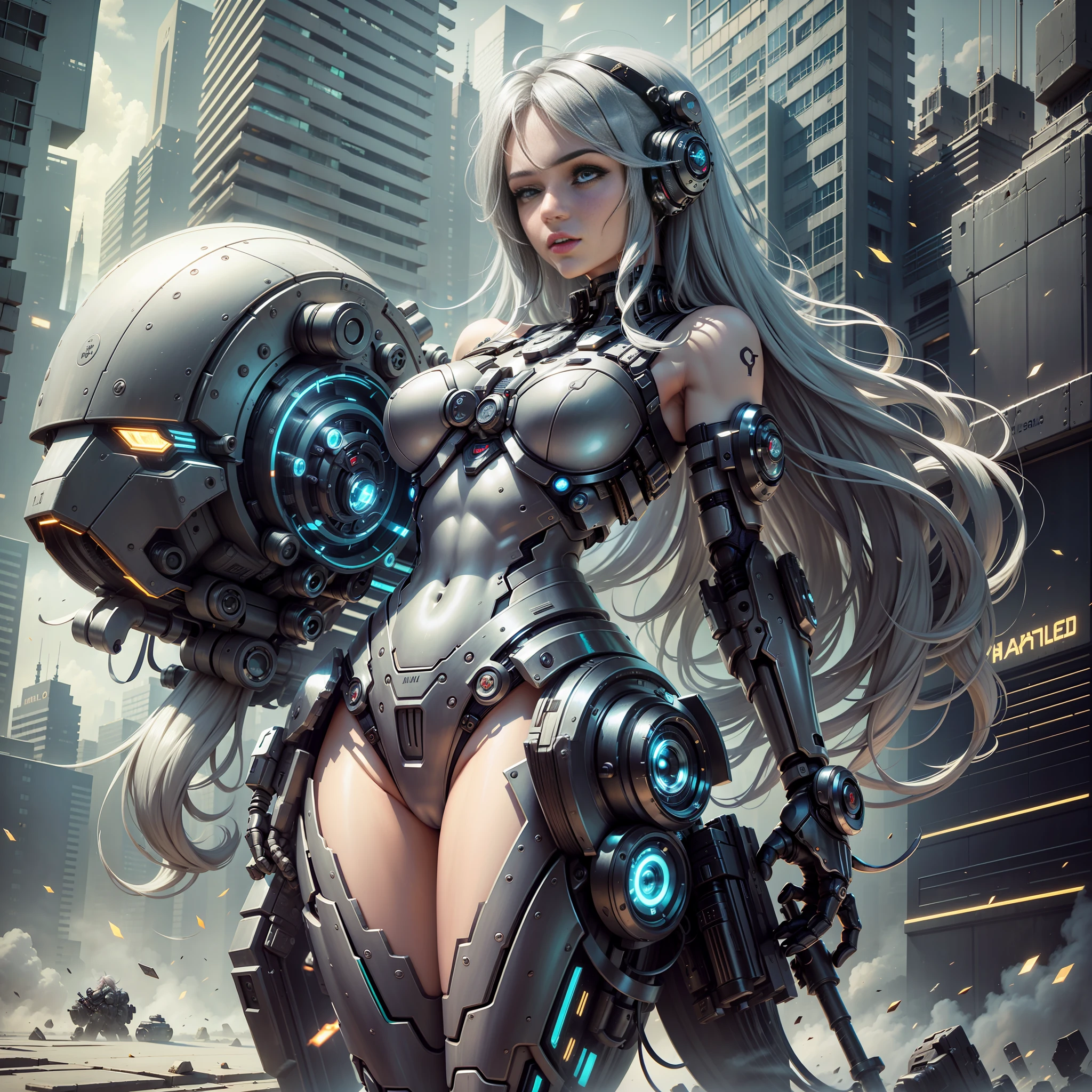 masterpiece, best quality, 1 girl, alone, stereoscopic, fiber textured robotic arm, lifelike hair, lifelike light and shadow, battlefield, elegant , beautiful mechanical, beautiful detail eyes, super long real hair, silver gray hair, city, mechanical structure, full body, gun, (weapon in hand: 1.1), cyberpunk city, light balance, dawn, tyndall, --auto --s2