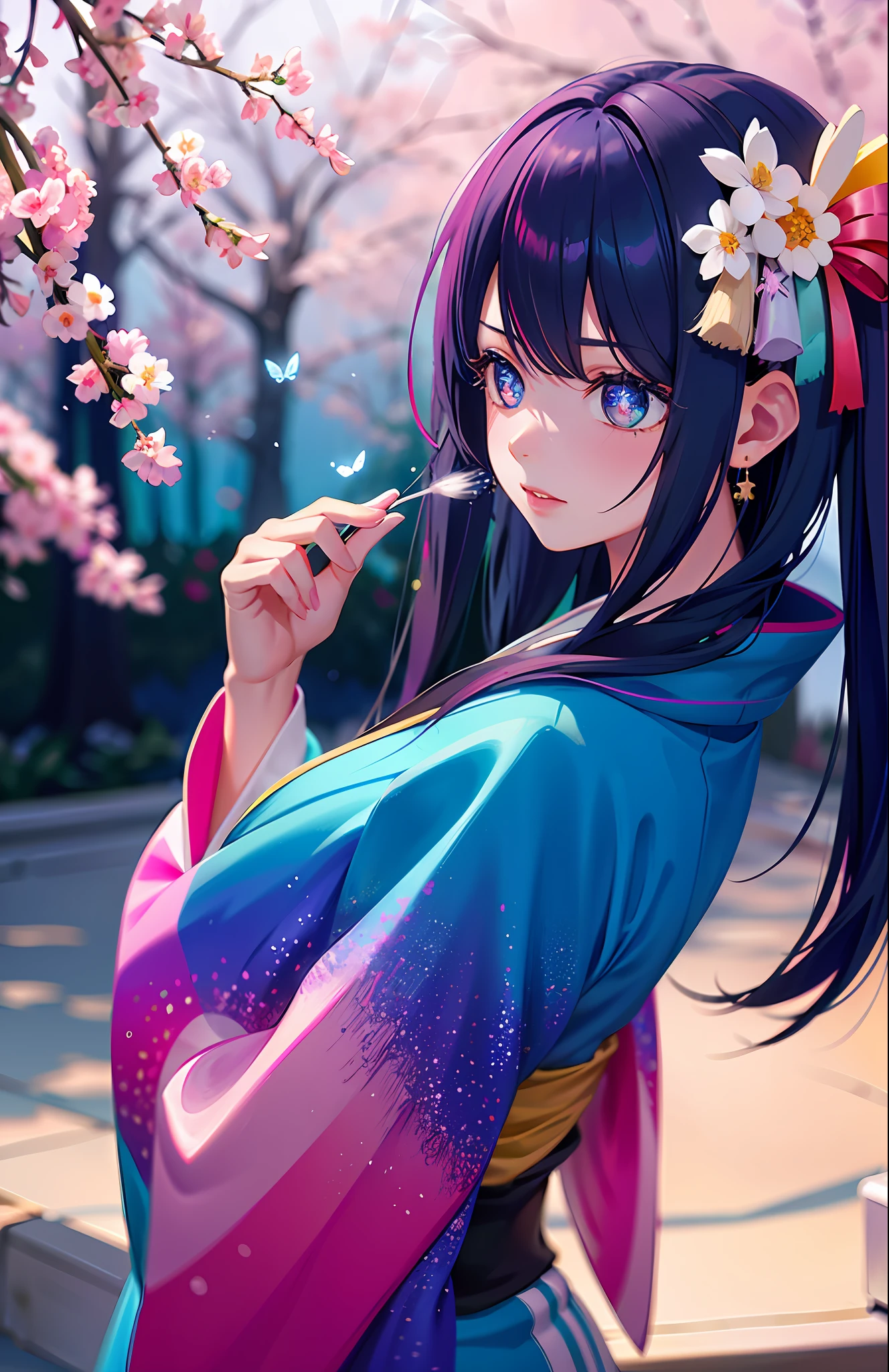 shukezouma, octane render, hdr, (hyperdetailed:1.15), (soft light, sharp:1.2), 1girl, beautiful girl, ultra detailed eyes, mature, plump, thick, rainbow painting drops, paint teardrops, woman made up from paint, entirely paint, splat, splash, long colored hair, kimono made from paint, ultra detailed texture kimono, rainbow paint kimono, paint bulb, paint drops, (hair ornaments, earrings, flowers hair ornaments, butterflies hair ornaments), outdoors, sakura trees