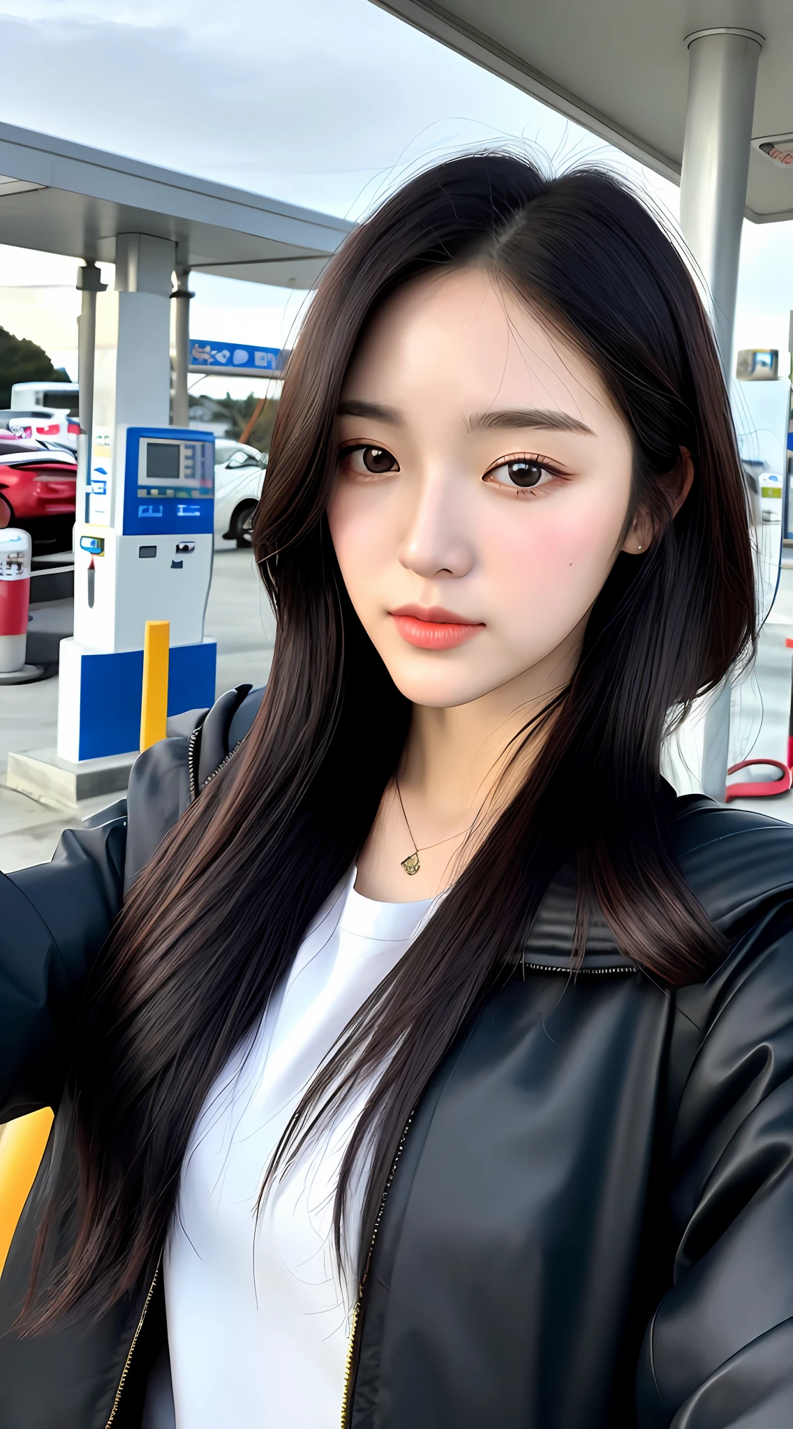 realistic photos of (1 cute Korean star) Shoulder-length hair, thin makeup, medium breasts size, wearing a over size black jacket, selfie, at the gas station, clear facial features of Canon EOS, 8K high resolution, sharp and realistic details.