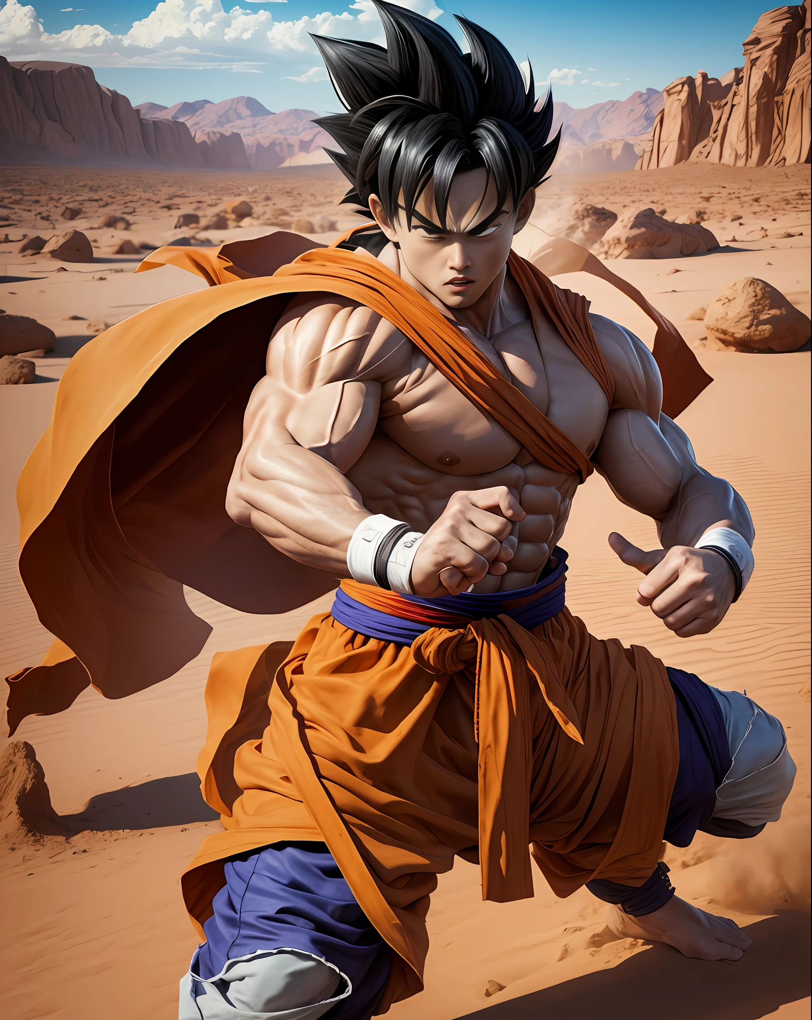 Son Goku fighting, super realistic photo in a desert, 4k, behance, with ninja clothes in a desert, detailed photo, super detailed, muscular --auto --s2