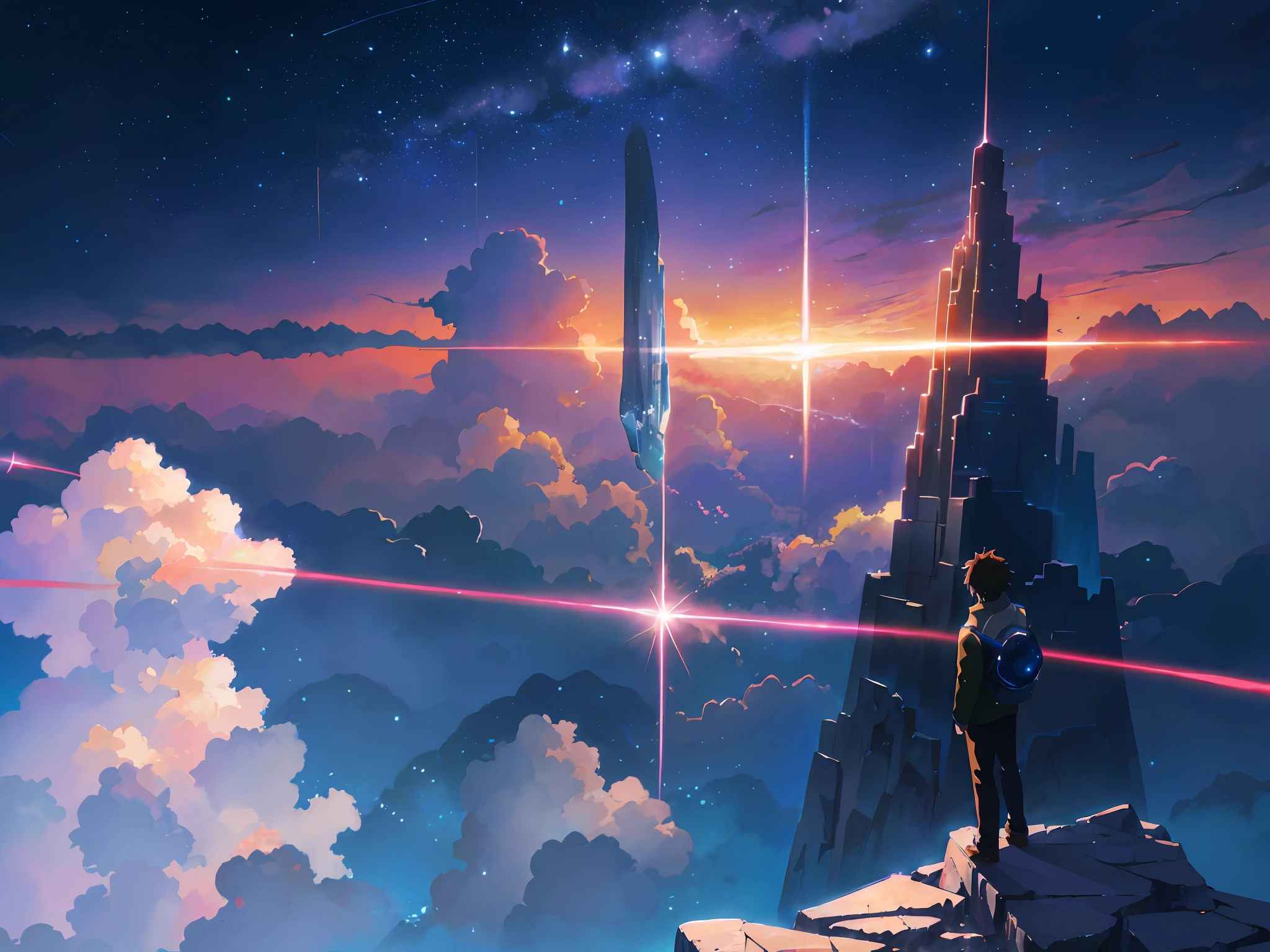 anime scene of a man standing on a mountain looking at a star filled sky, makoto shinkai cyril rolando, anime art wallpaper 4 k, anime art wallpaper 4k, cosmic skies. by makoto shinkai, 4k anime wallpaper, anime art wallpaper 8 k, inspired by Christopher Balaskas, endless cosmos in the background, anime wallpaper 4k