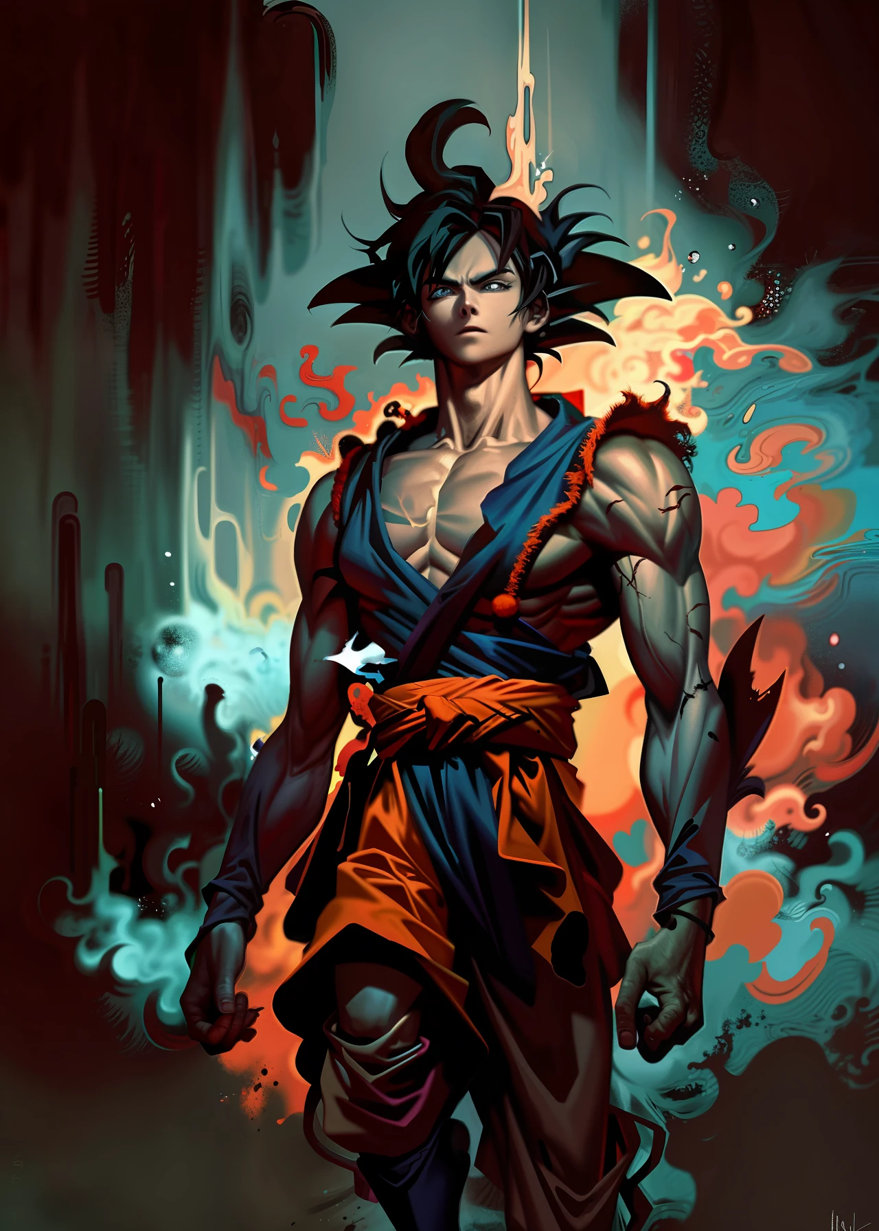 Goku, abstract realistic art, dark environment, injured body, lots of power