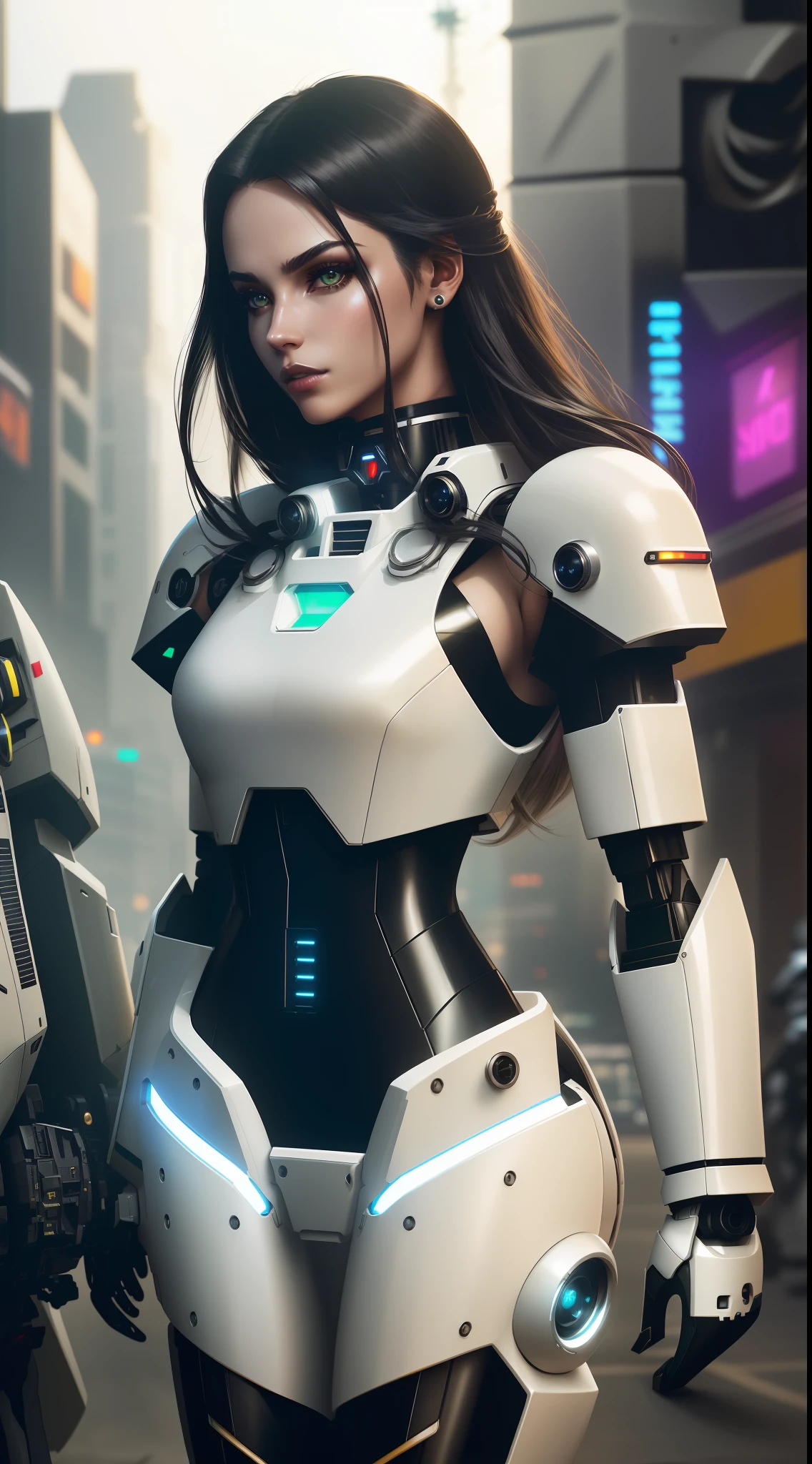 solo, 1 woman (green eyes, white skin, long black hair, choker, small breasts, slim, makeup, eyeliner, gloss), in one-piece white futurisct sexy robotic armor (mass effect), (((shoulders showing, black robotic gloves (mecha), black robotic boots (mecha)))), force field arround her, stopping bullets, masterpiece, best quality, 8k, sharp focus, depth of field, best shadows, perfect lights, HDR, realistic skin texture, detailed, hyper detailed background, photorealistic, RAW photo, cyberpunk city, battle scene from a rpg book, dynamic lights, neon, wallpaper,
