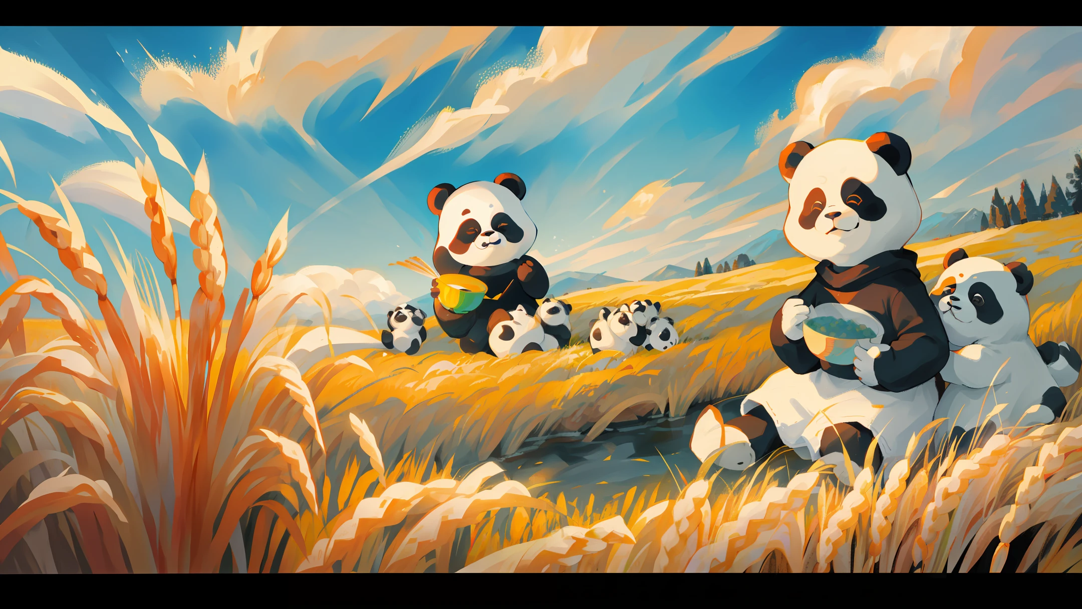 Epic painting (in the wheat field) (4k) (a black and white panda) (holding a bowl of rice)