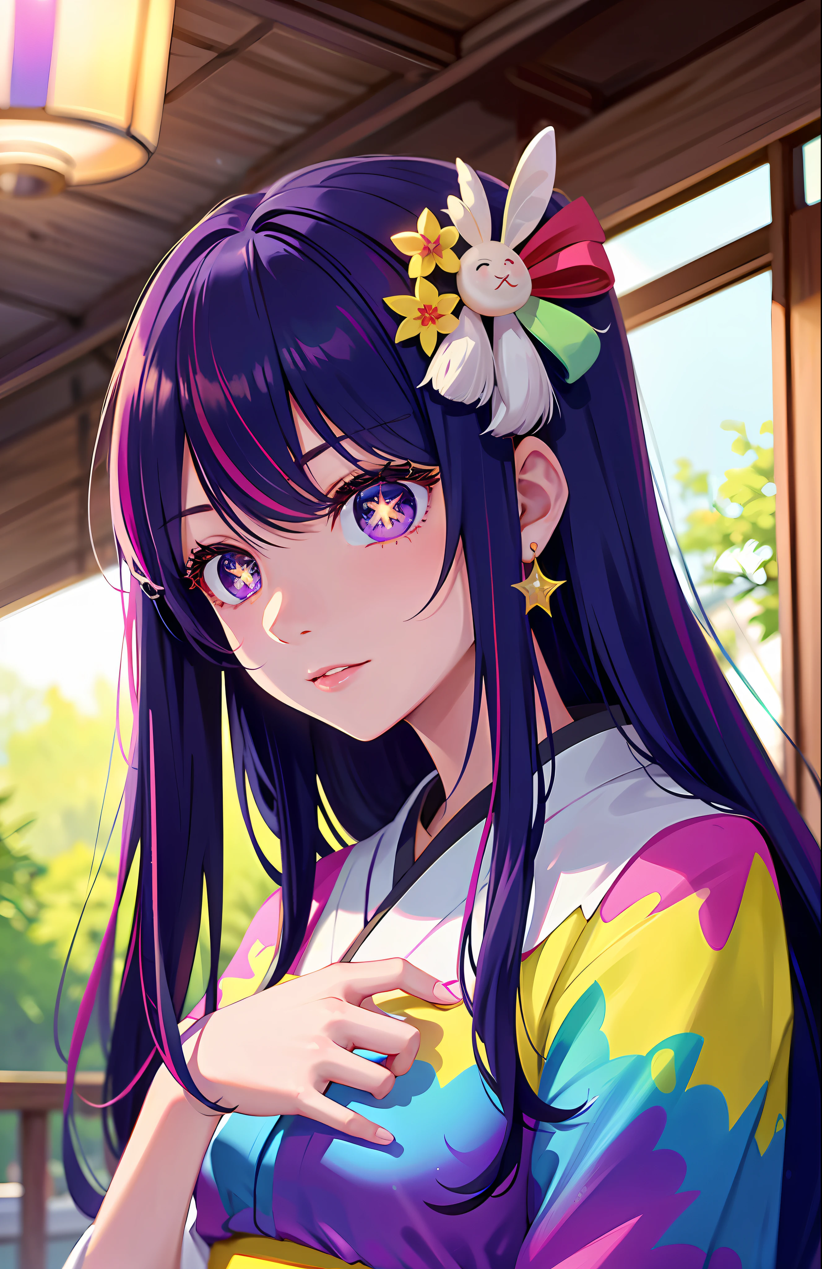 Sukezoma, Octane Lender, HDR, (Hyper Detail: 1.15), (Soft Light, Sharp: 1.2), 1 Girl, Beautiful Girl, ((eyes with ultra-detailed star-shaped pupils)), mature, plump, thick, rainbow picture drops, paint teardrops, women made of paint, full paint, sprat, splash, long color hair, paint kimono, ultra fine texture kimono, rainbow paint kimono, paint bulb, paint drop, (hair ornament, earrings, flower hair ornament, butterfly hair ornament), outdoor, cherry tree