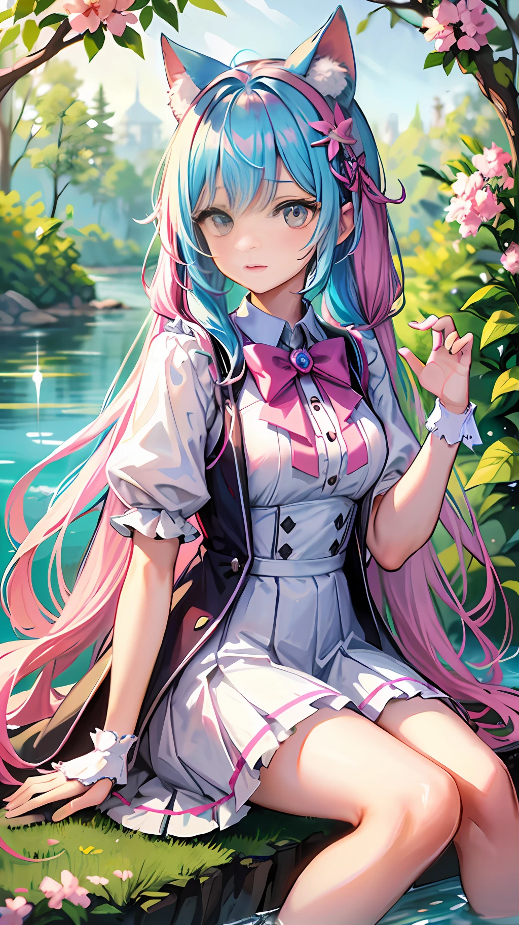 Girl, light pink long hair, half tied hair, cyan bow hair ornament, green eyes, white short sleeved shirt, pale pink skirt, knee-length skirt, white booties, cyan bow decoration, dusk, picture frame background, flower background, pink azalea, dry branch azalea, sitting by the water, all over