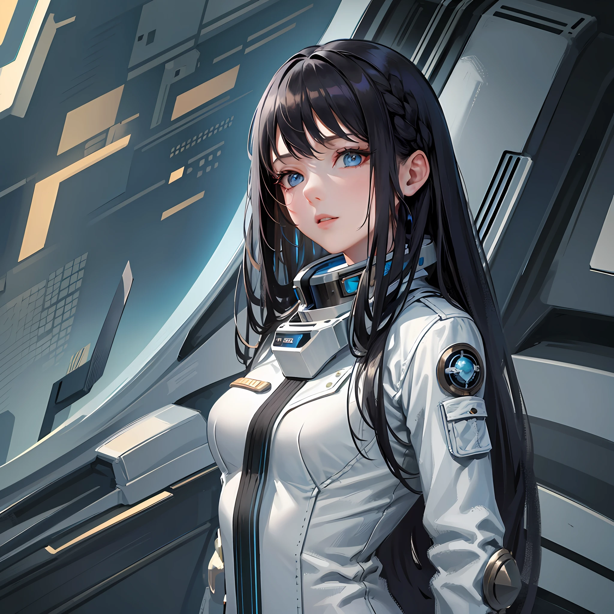 masterpiece, best quality, one girl, spaceship, spacewalk,black hair, long hair, behind, light blue eyes , realistic,bdsm, (adapted costume:1.1),casual,magnificent,perfect face, complex, [tone], good anatomy, --auto --s2