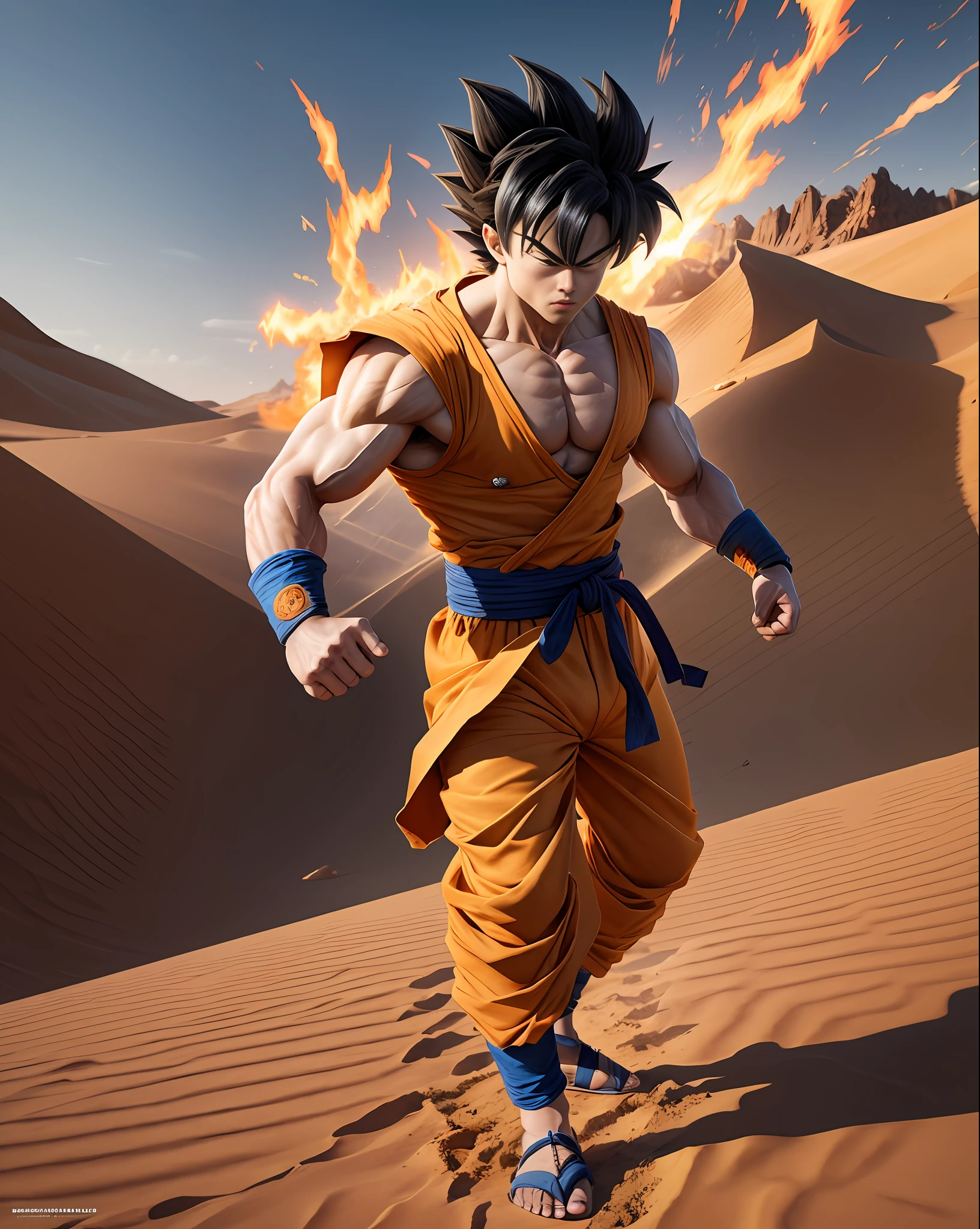 Son Goku fighting, super realistic photo in a desert, 4k, behance, with ninja clothes in a desert, detailed photo, super detailed, muscular --auto --s2