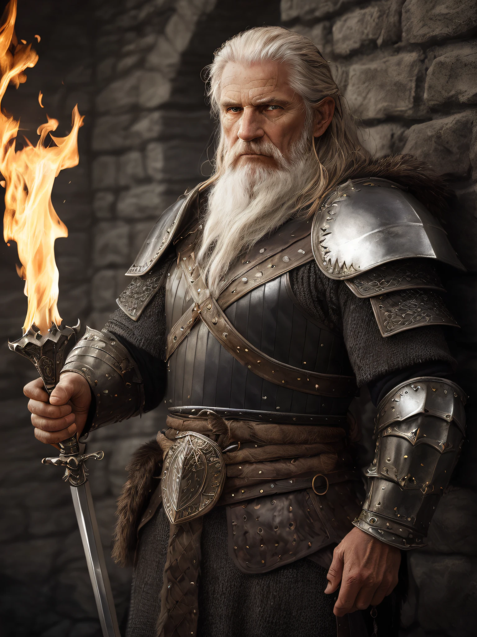 (Highest quality:1.3), cinematic shot, masterpiece, (sharp focus:1.5), (photorealistic:1.3), medium portrait of (a weary-looking but still proud and fierce-looking old Viking warrior, now the leader of his village, dressed in elaborately detailed chain mail and leather armour, a few torches burn on the walls, giving the scene a dark atmosphere but sculpting the forms in sharp chiaroscuro), it is night time, (highly detailed skin), (detailed face), detailed background, dark lighting, twilight lighting, volumetric lighting, intricate details, UHD,