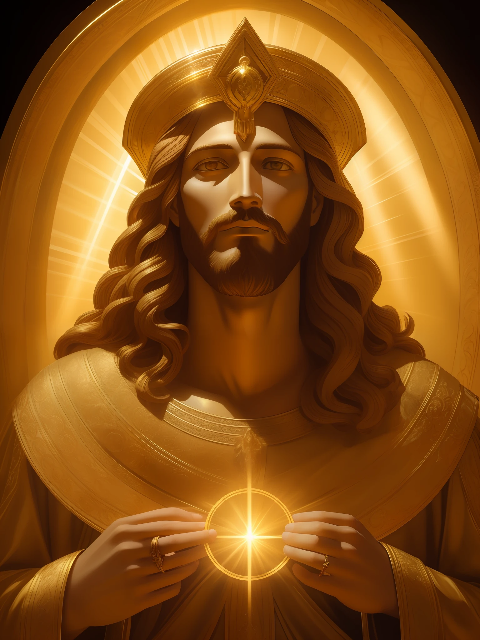 Highly detailed portrait of Jesus Christ halo of light, gold, global lighting, divine rays, detailed and intricate environment, antique ring style