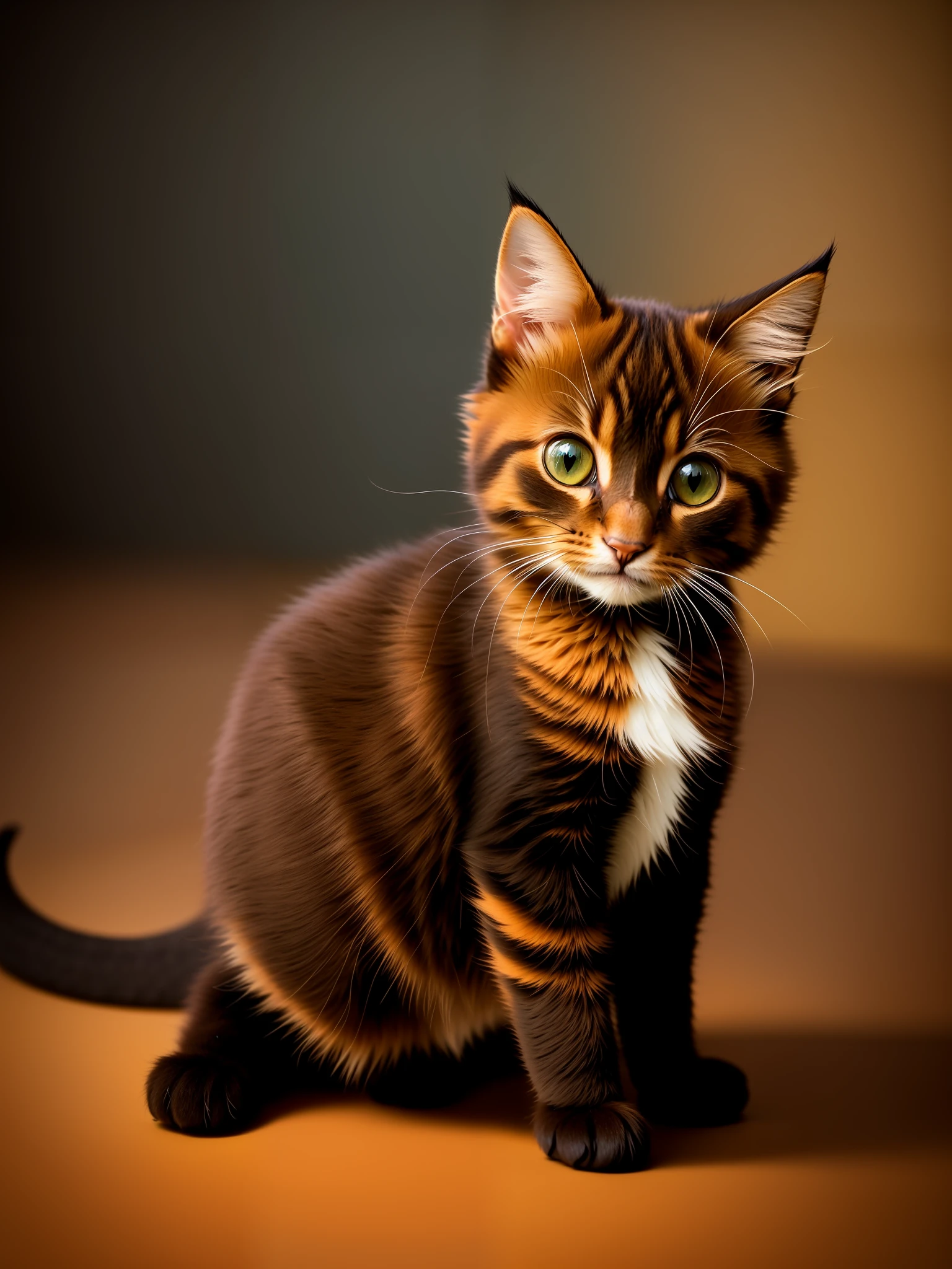 A beautiful brown tigrade kitten, ([tail | detailed thread]:1.3), (intricate details), HDR, (intricate details, hyperdetailed:1.2), cinematic shot, vignette, centered