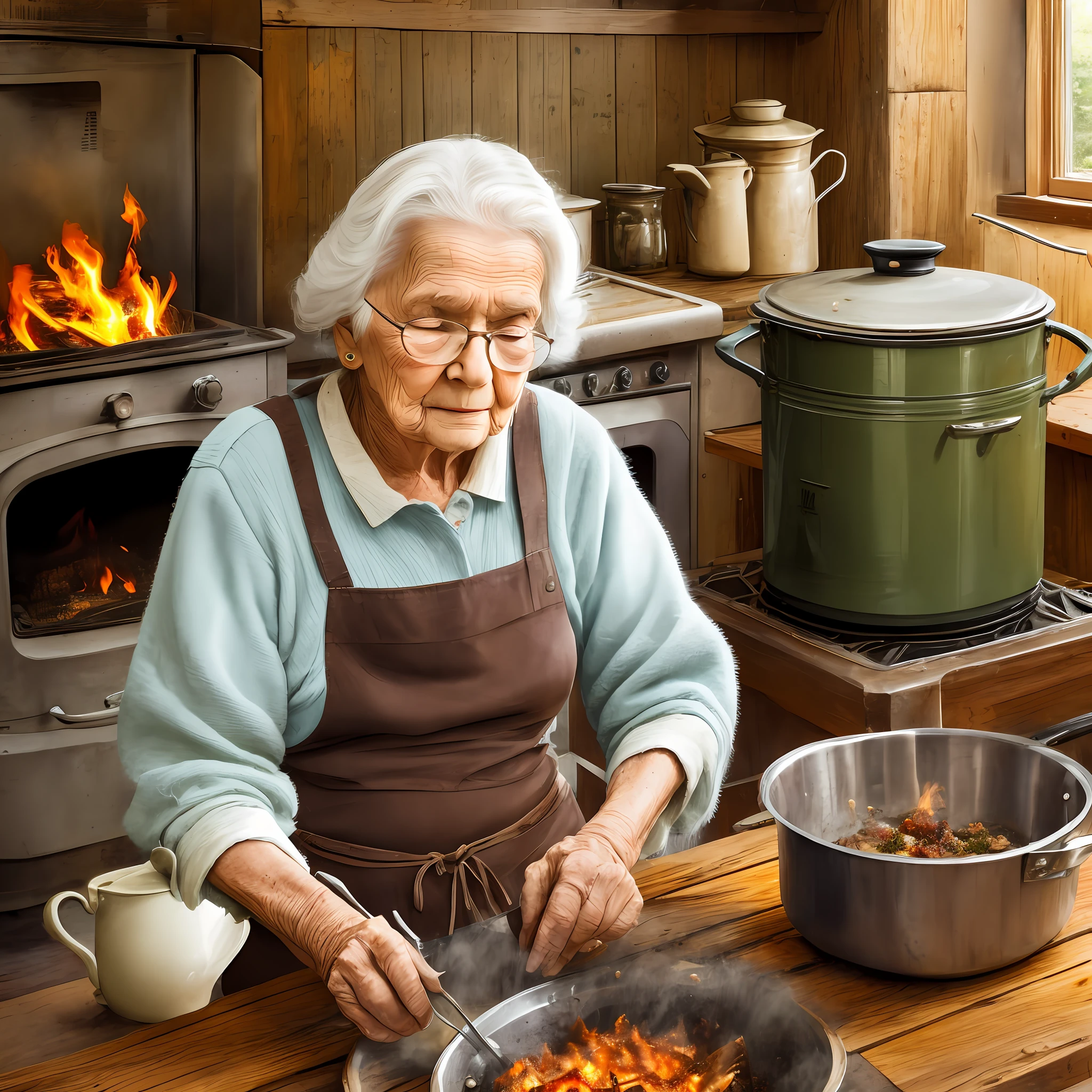 Old woman on the edge of the wood stove cooking --auto --s2