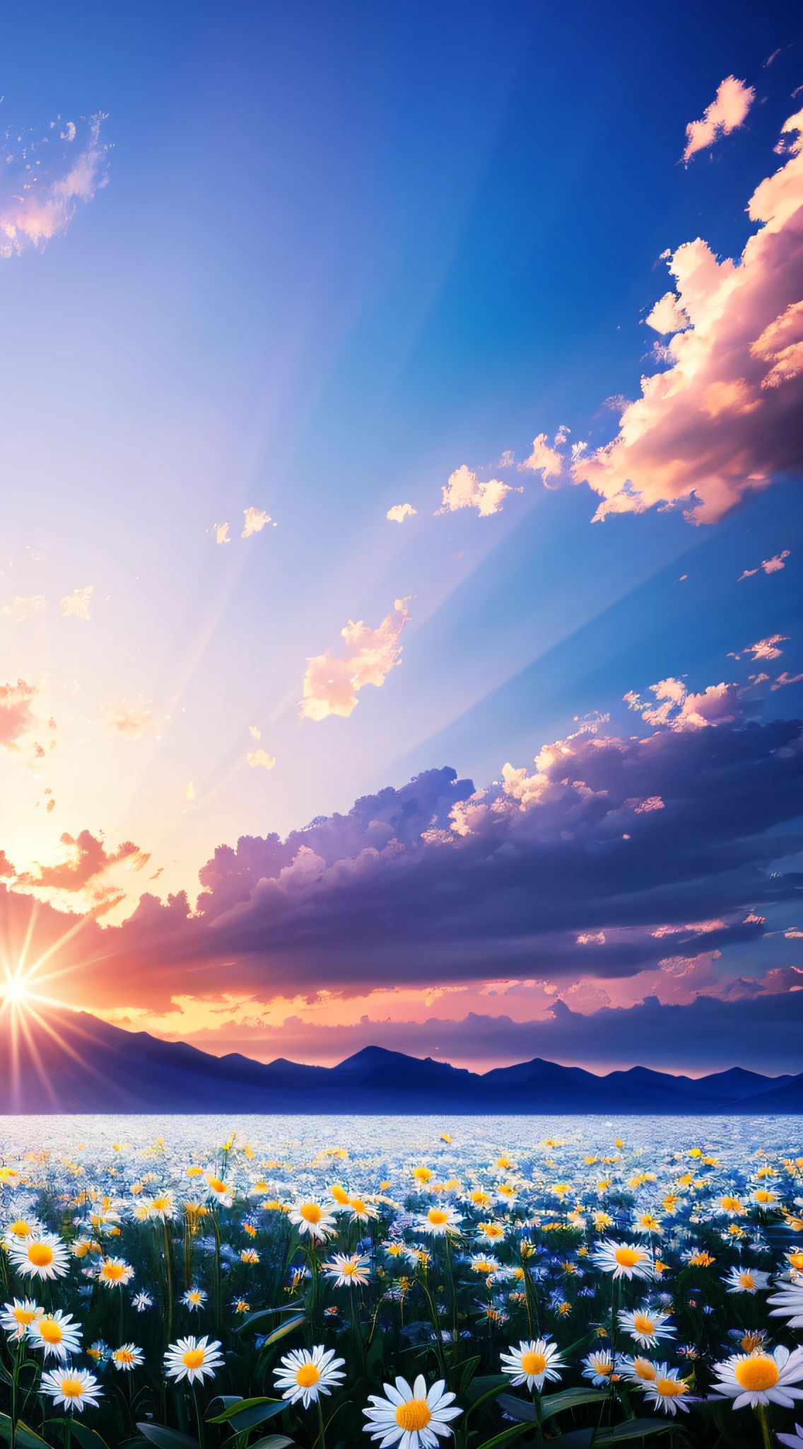 (extremely detailed CG unity 8k wallpaper, masterpiece, best quality, ultra-detailed), blue gradient sky, countless daisy petals gently swaying in the sunlight, white clouds with lines in the sky, sunset tones, heuristic unit transformation,