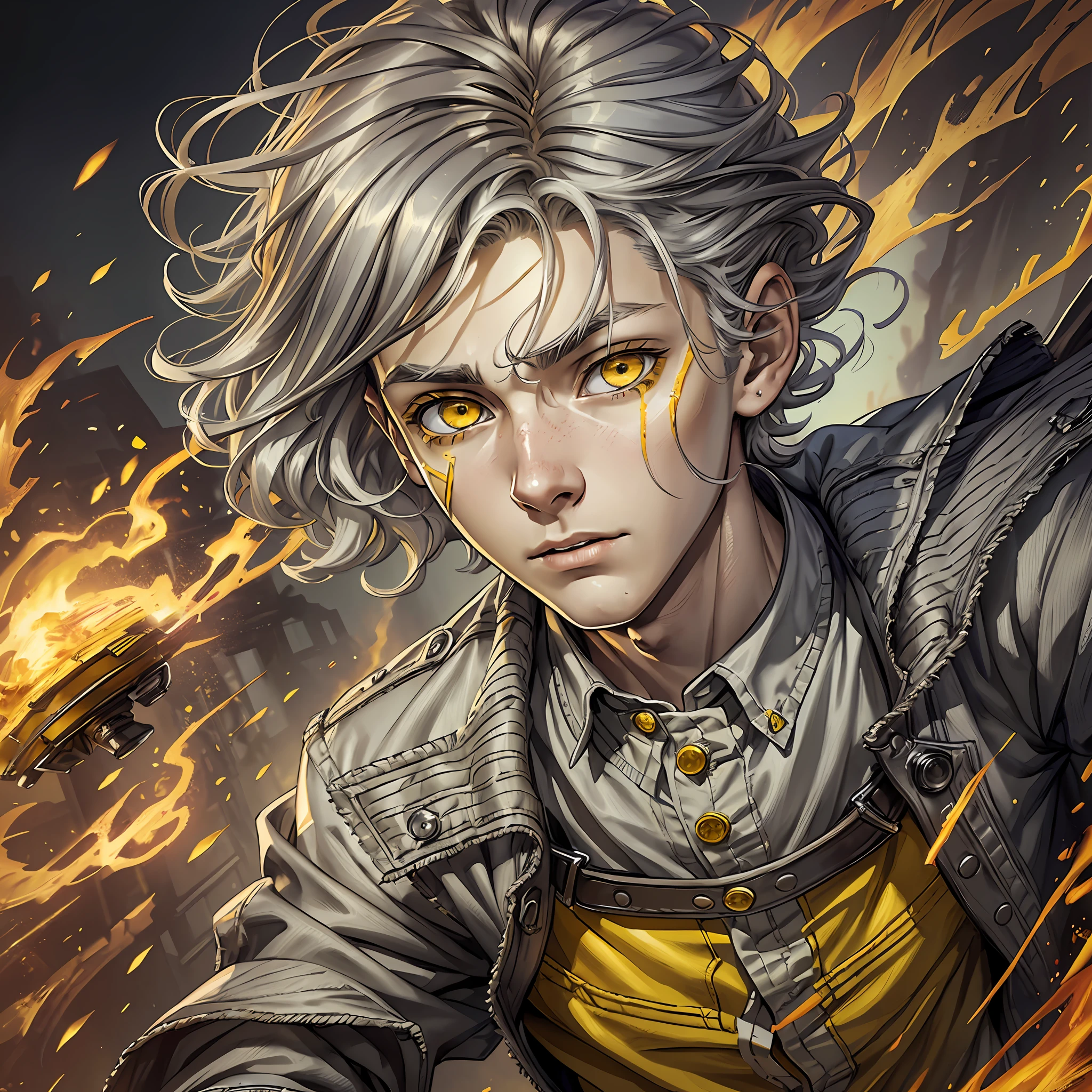 Drawing, fantasy, realism, high detail, portrait, 15-year-old guy (detailing), ((with light gray hair)), ((with yellow frightened eyes)), (face detailing), in a shirt and trousers (detailing clothes), dynamic pose, fighting fire (detailing), standing in front of a fiery flame, 8kk --auto --s2