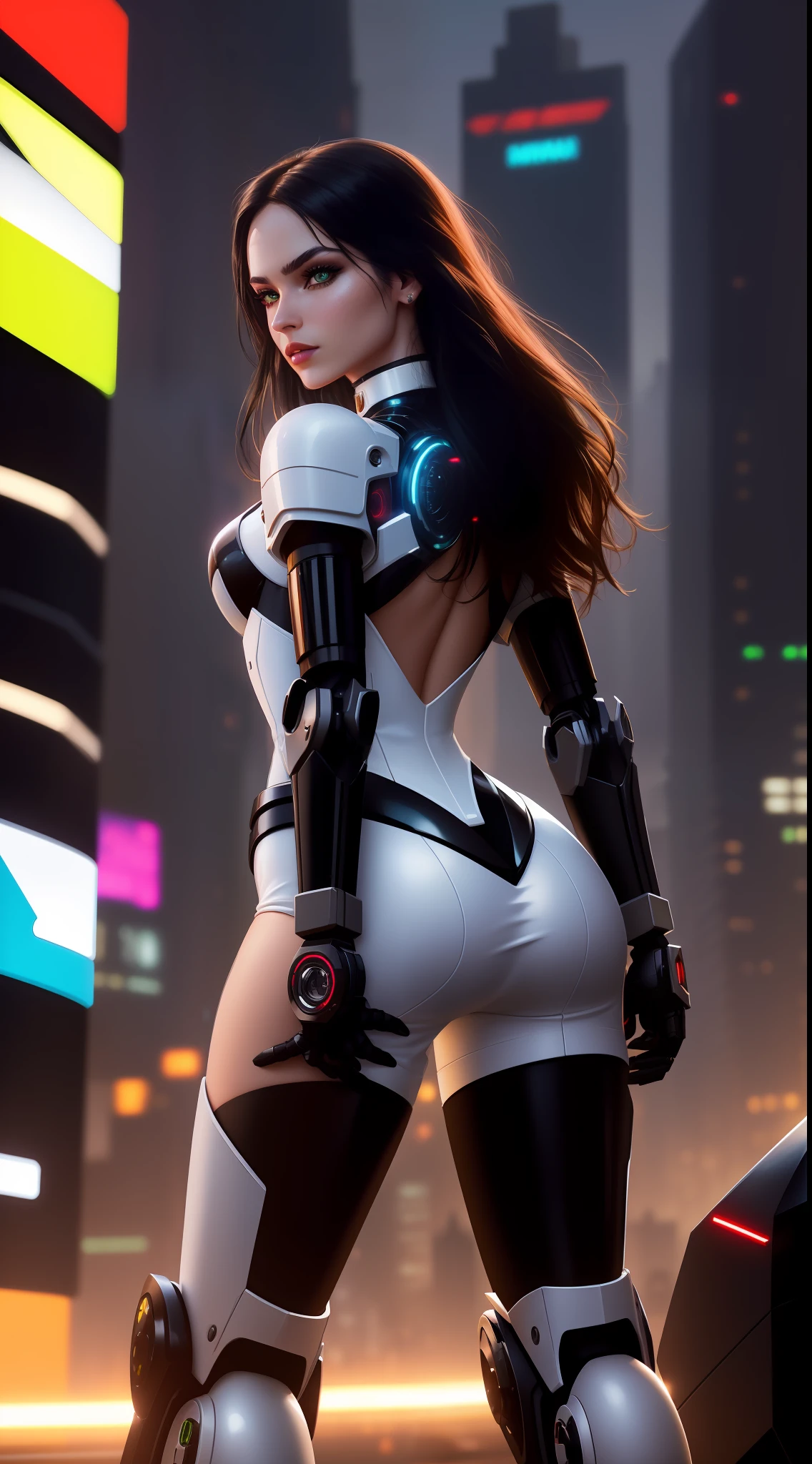 solo, 1 woman, perfect face, (green eyes, white skin, long black hair, choker, small breasts, slim, makeup, eyeliner, gloss), in one-piece white futurisct sexy robotic armor, (shoulders on display, black robotic gloves, black robotic boots (mecha)), force field arround her, stopping bullets, masterpiece, best quality, 8k, sharp focus, depth of field, best shadows, perfect lights, HDR,  realistic skin texture, detailed, hyper detailed background, photorealistic, RAW photo, cyberpunk city, battle scene from an rpg book, dynamic lights, neon, wallpaper,