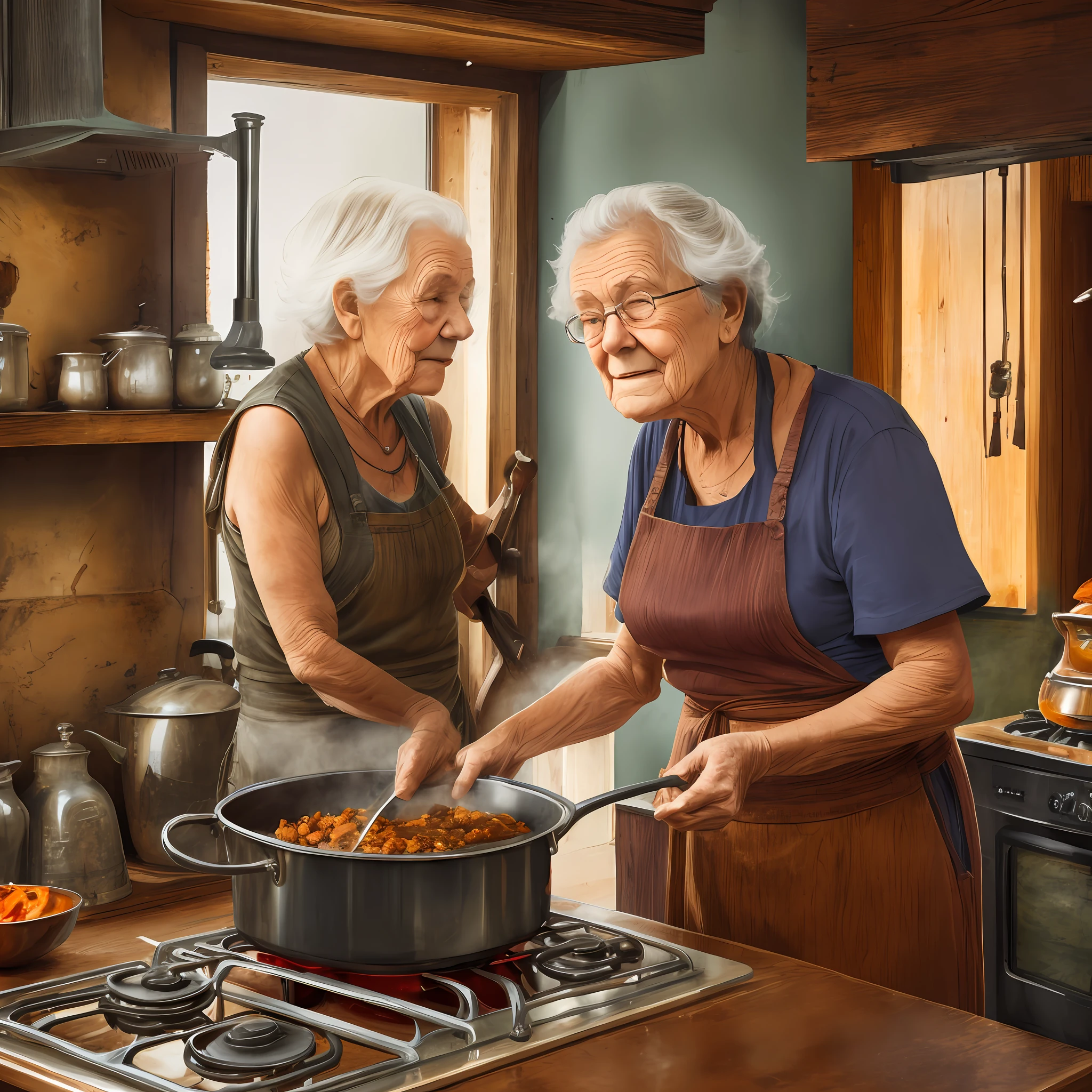 Old woman on the edge of the wood stove cooking --auto --s2