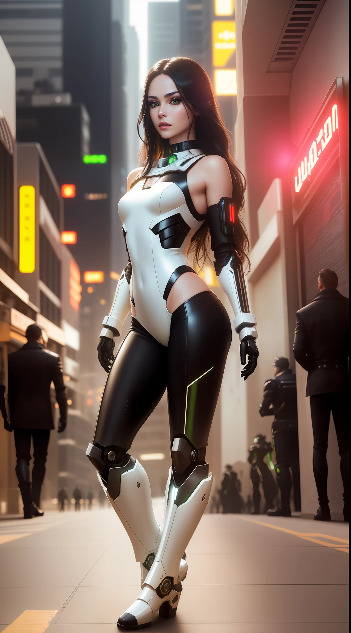solo, 1 woman, perfect face, (green eyes, white skin, long black hair, choker, small breasts, slim, makeup, eyeliner, gloss), in one-piece white futurisct sexy robotic armor, (shoulders on display, black robotic gloves, black robotic boots (mecha)), force field arround her, stopping bullets, masterpiece, best quality, 8k, sharp focus, depth of field, best shadows, perfect lights, HDR,  realistic skin texture, detailed, hyper detailed background, photorealistic, RAW photo, cyberpunk city, battle scene from an rpg book, dynamic lights, neon, wallpaper,