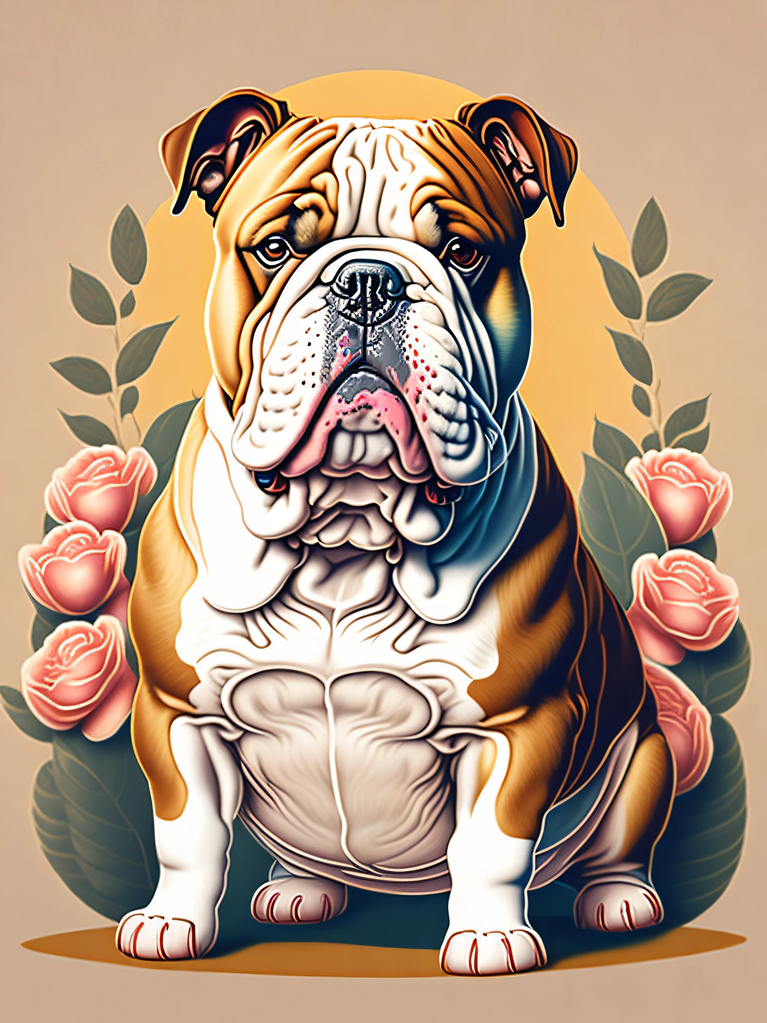 Bulldog dog in street landscape, rzminjourney style, high quality vector illustration, printed shirt, warm sunlight, soft shadows, peaceful atmosphere, vibrant flowers, ultra-realistic details.