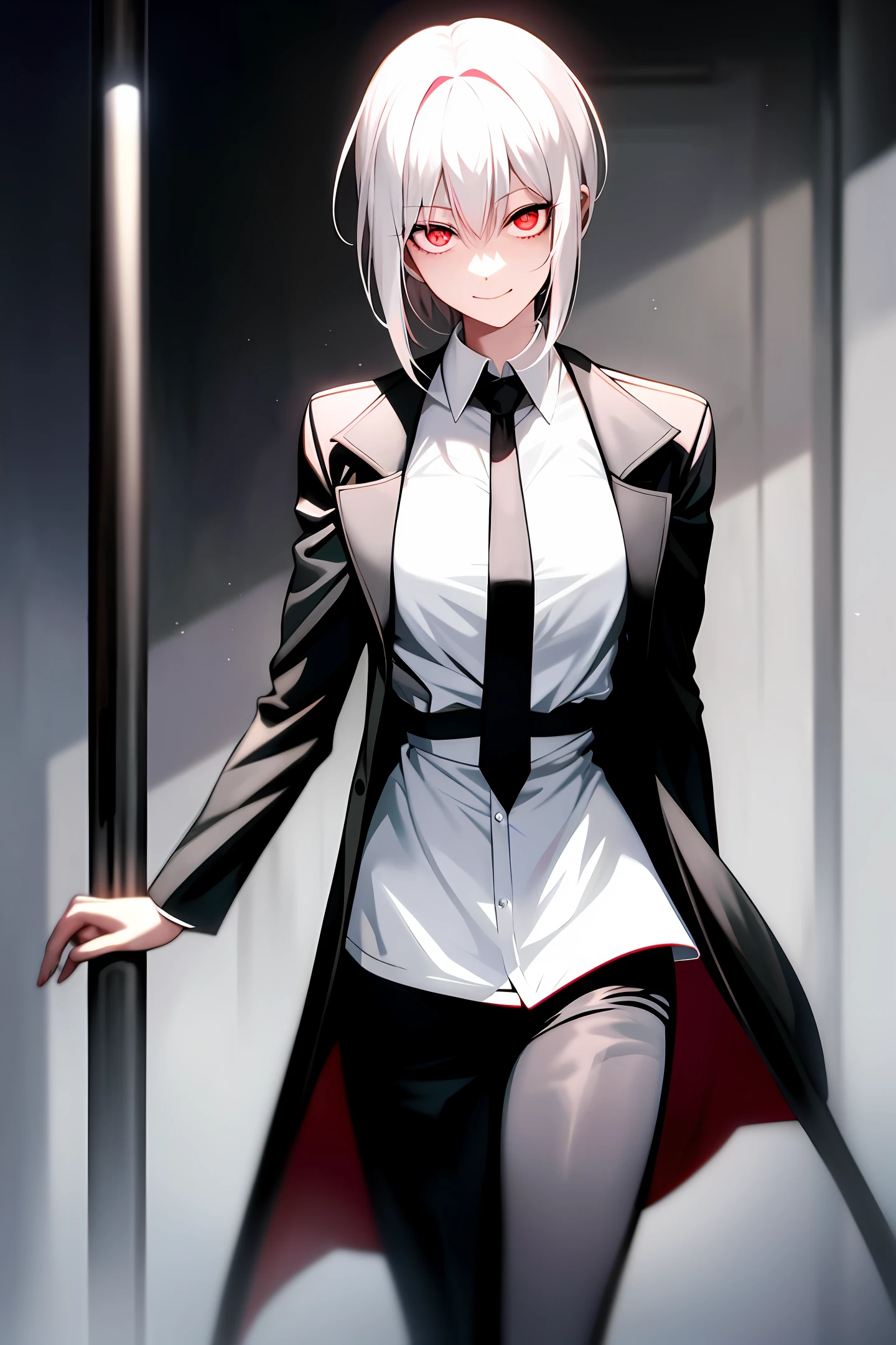 Makima \(Chainsaw Man\), best quality, ultra detailed, 1girl, solo, standing, white hair, short hair, red eyes, bangs, medium breasts, white shirt, tie, look, evil smile, looking at the viewer, (interview: 1.3) , masterpiece, yandere, overcoat