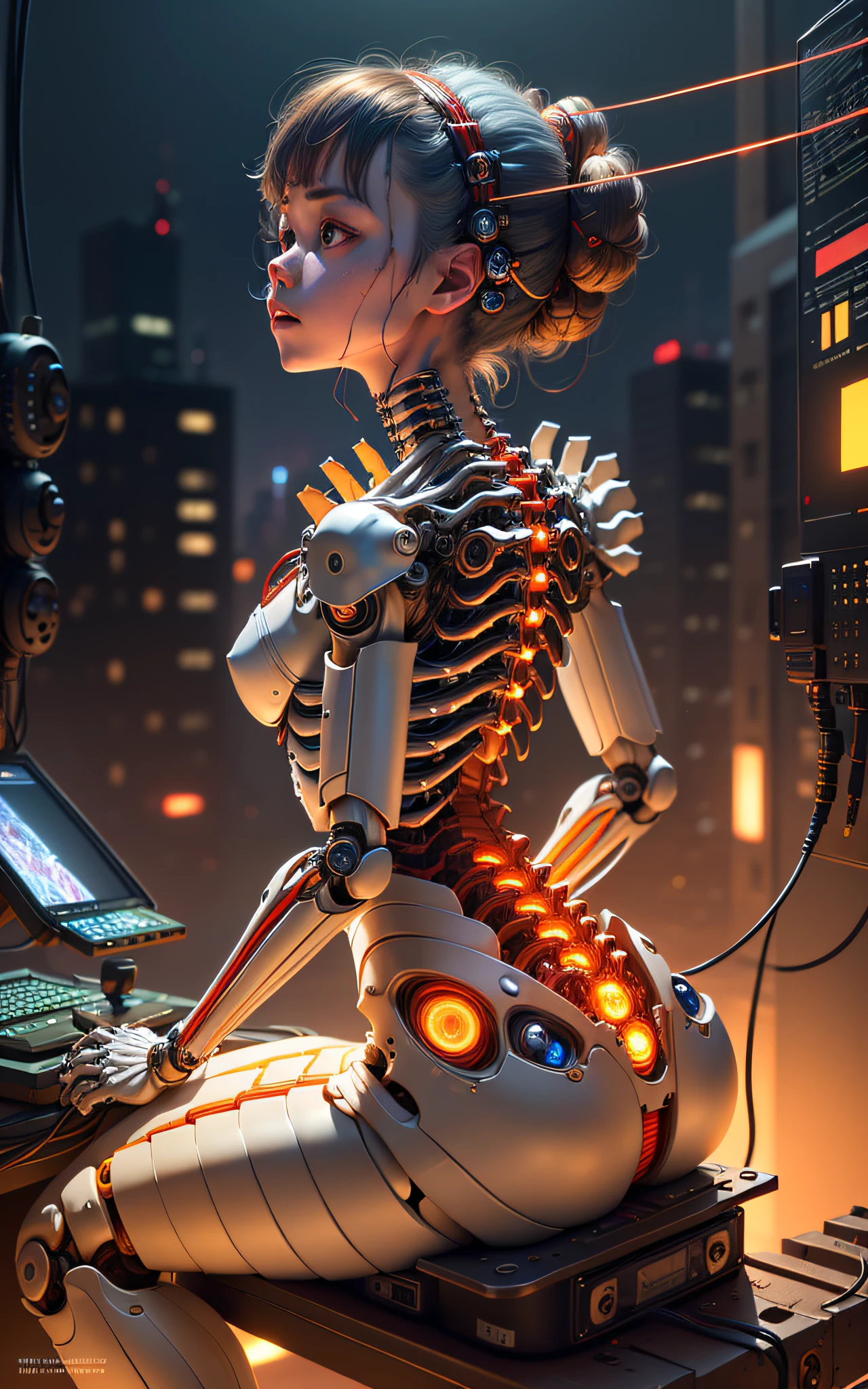 (((masterpiece))), (((best quality))), ((ultra-detailed)), (highly detailed CG illustration), ((an extremely delicate and beautiful)),(from side),cinematic light,((1mechanical girl)),solo,half body,(machine made joints:1.2),((machanical limbs)),(blood vessels connected to tubes),(mechanical vertebra attaching to back),((mechanical cervial attaching to neck)),(sitting),expressionless,(wires and cables attaching to neck:1.2),(wires and cables on head:1.2)(character focus),science fiction,city background, extreme detailed,colorful,highest detailed,(face shadow (extra detailed,best performance)), laser eyes (detailed red))fire in holes of hands)