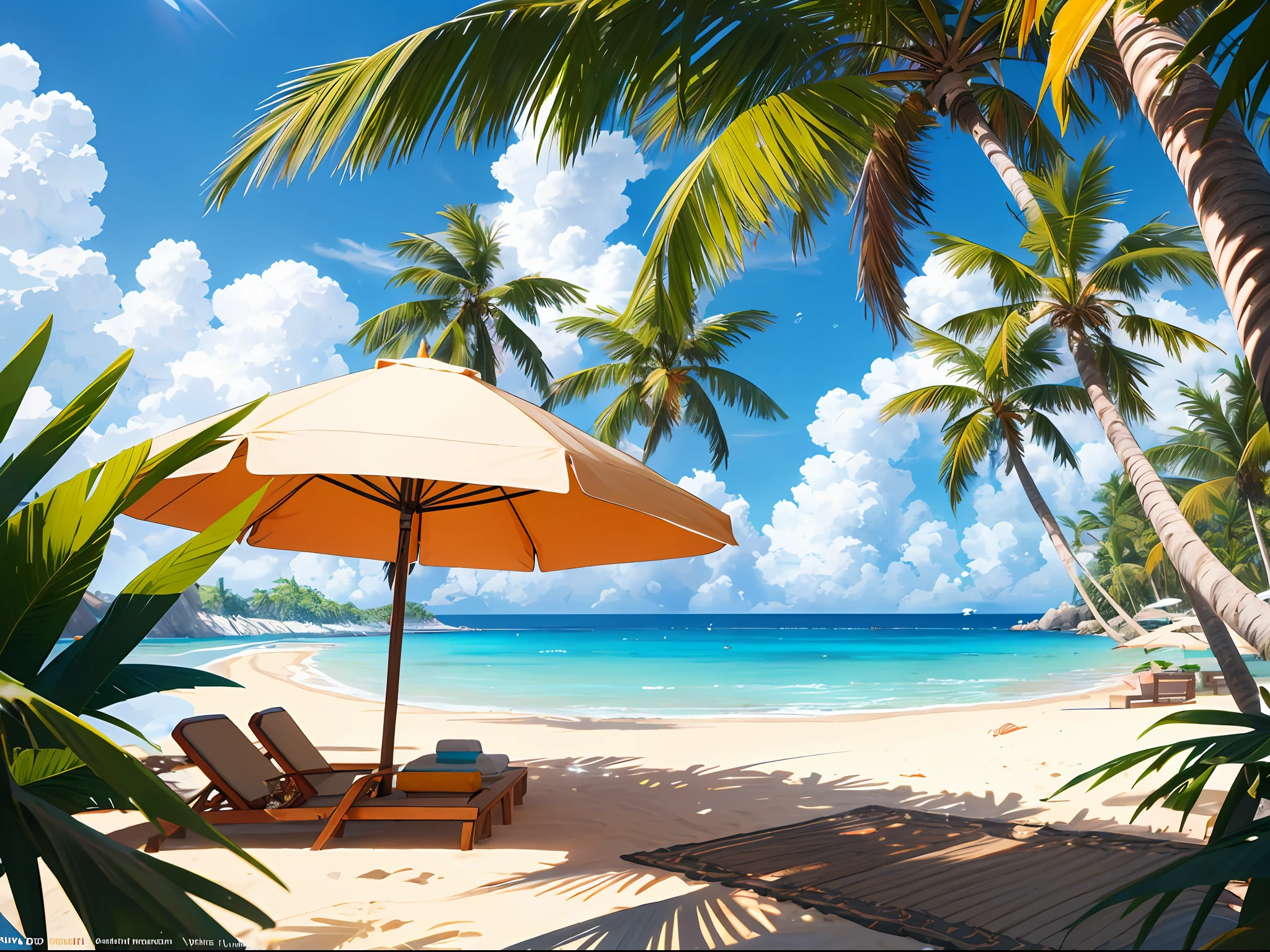 summer, sun, sea, beach, uninhabited, nobody, coconut palm, hot weather, HD detail, wet watermark, ultra detail, film, hyper realism, soft light, deep focus bokeh, ray tracing, hyper realism. , Art Station pixiv Gwise, Makoto Shinkai, Art Germ --v6
