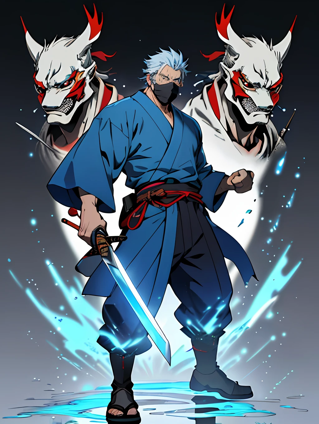 "(quality: high), (genre: action), (characters: detailed, 1 person), (resolution: 8k), (source: pixiv), (art style: manga), (pose: dramatic), (anime: 0.9), (effects: motion blur, shading), (characteristics: old man, swordsman), (outfit: blue kimono), (accessory: red funny mask)"
