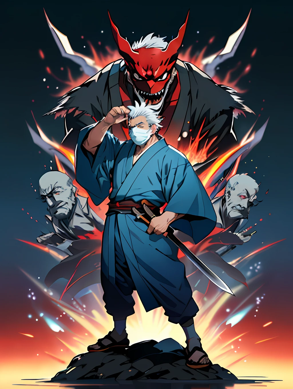 "(quality: high), (genre: action), (characters: detailed, 1 person), (resolution: 8k), (source: pixiv), (art style: manga), (pose: dramatic), (anime: 0.9), (effects: motion blur, shading), (characteristics: old man, swordsman), (outfit: blue kimono), (accessory: red funny mask)"