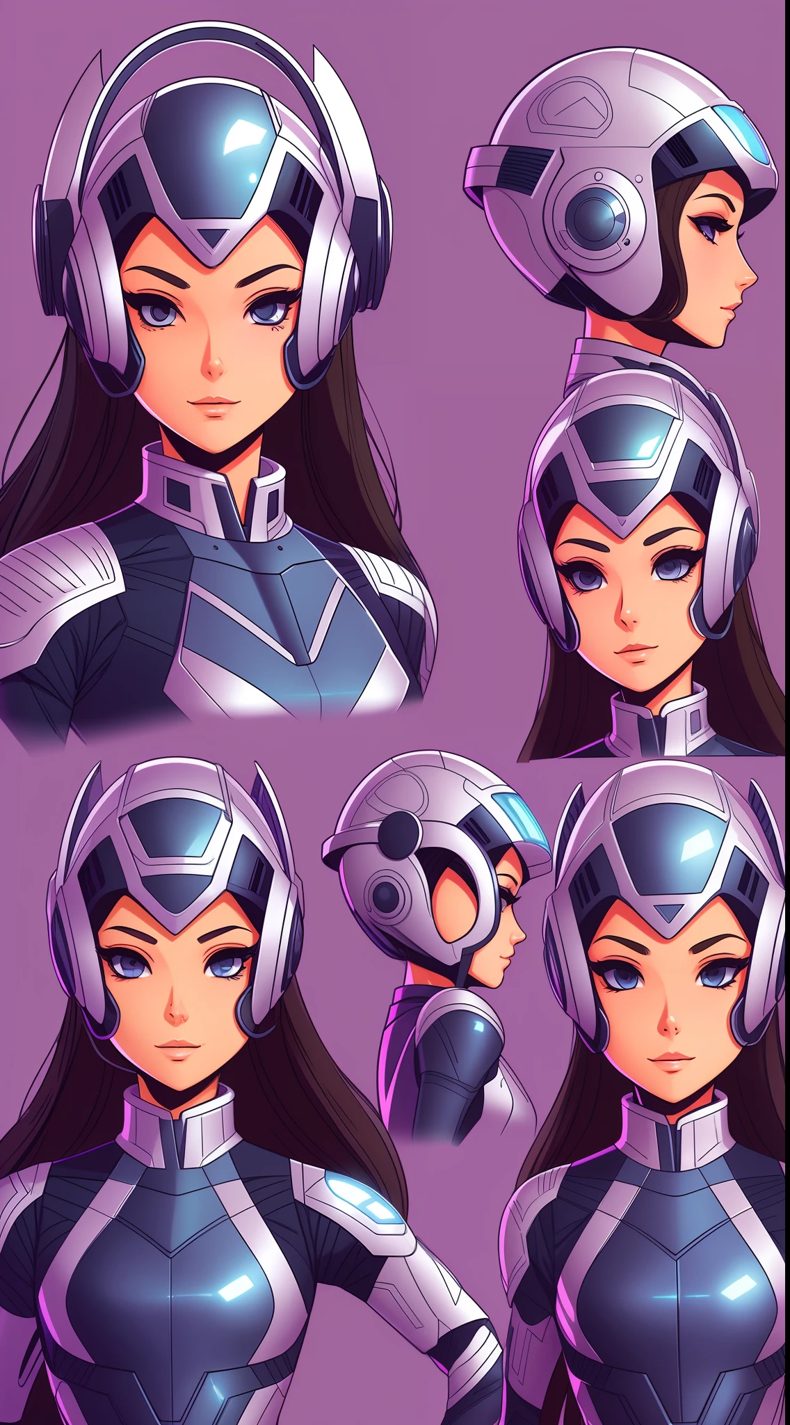 A beautiful android woman wearing EVA costume, futuristic helmet, visor, model sheet, (((front view)))), flat background, Skottie Young style
