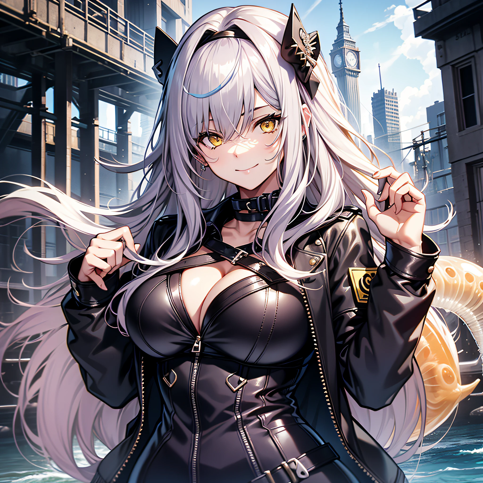 1girl, collarbone, huge breasts, long hair, looking at the viewer, jellyfish \(fate\), wearing leather jacket, blindfold on face, smiling, detailed face, good anatomy, 4k, yellow eyes, straight hair, snake tongue, near a tower